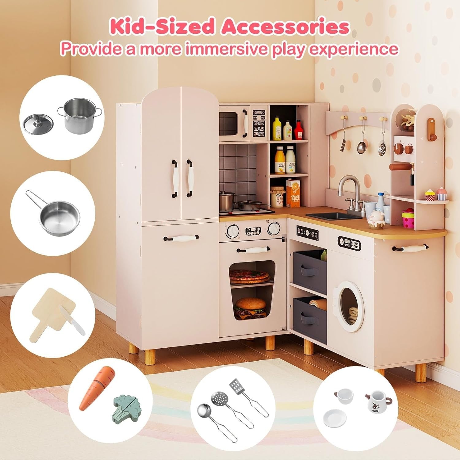 Corner Kids Play Kitchen Pink w/ Fridge Washer Coffee Maker Set