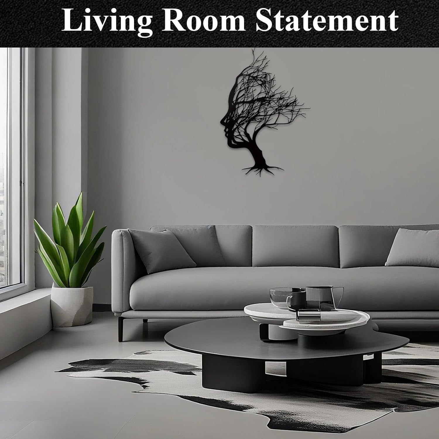 Black Metal Tree of Life Wall Sculpture – Abstract Hairline Art 30x21cm