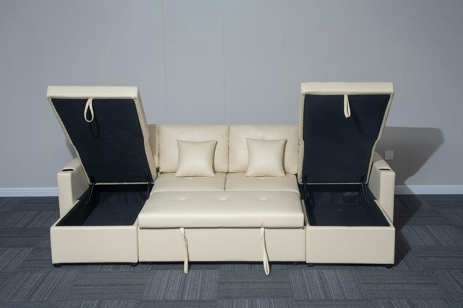 Cream U-Shaped 4 Seater Sofa Bed with Storage Ottoman & Pull-Out Sofa