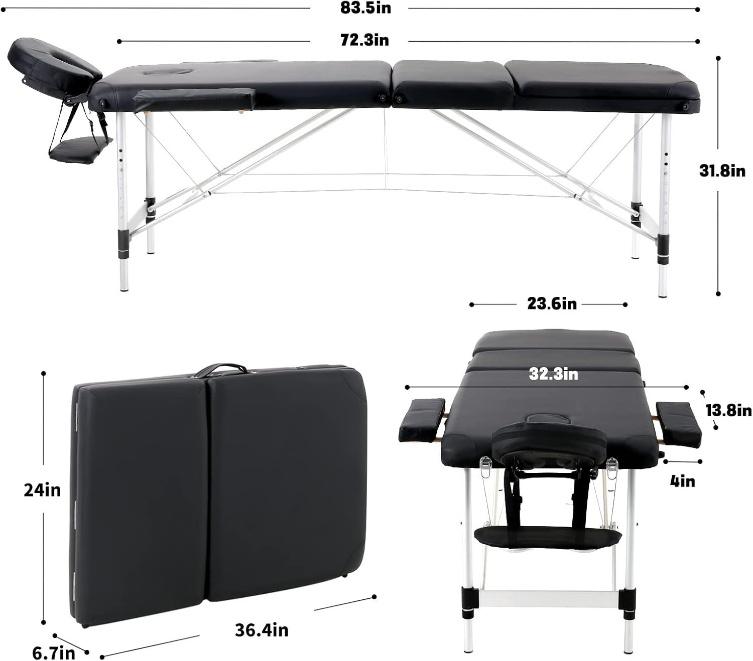 Portable Massage Table Foldable Aluminium Adjustable Therapy Beauty Bed Black
