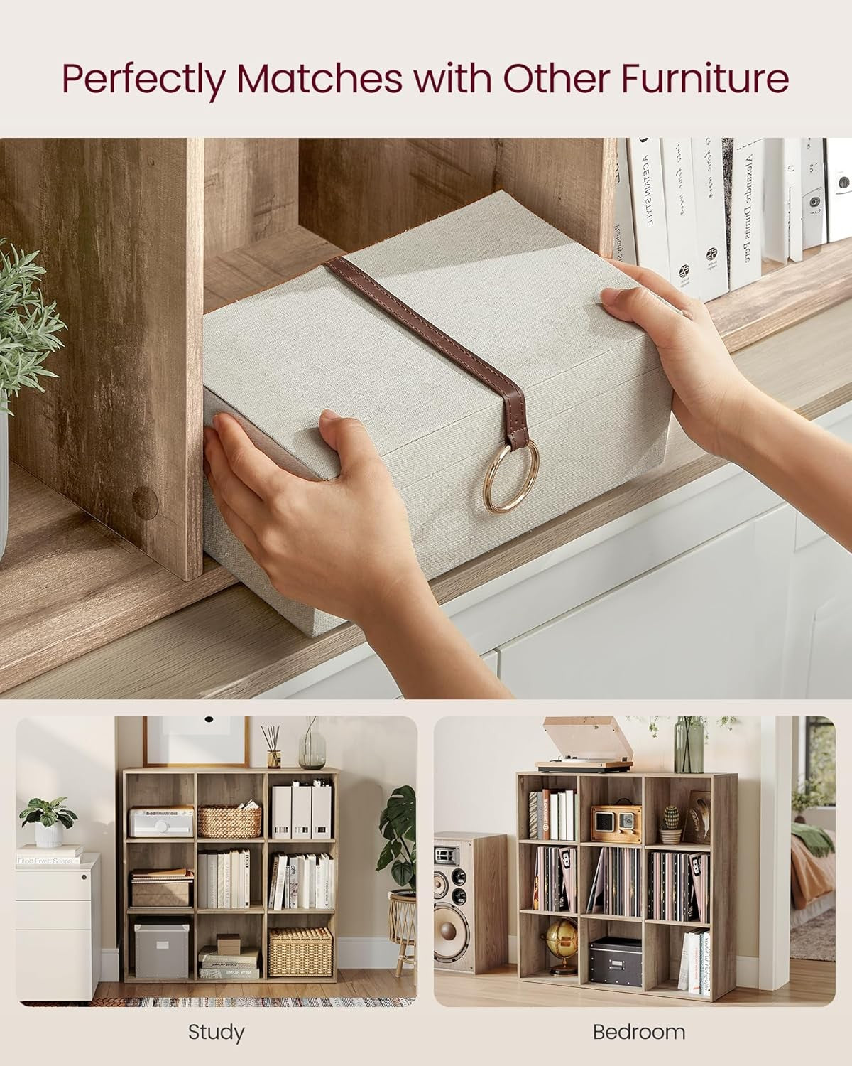 9-Cube Camel Brown Bookcase | Large Storage Display Shelf for Home & Office