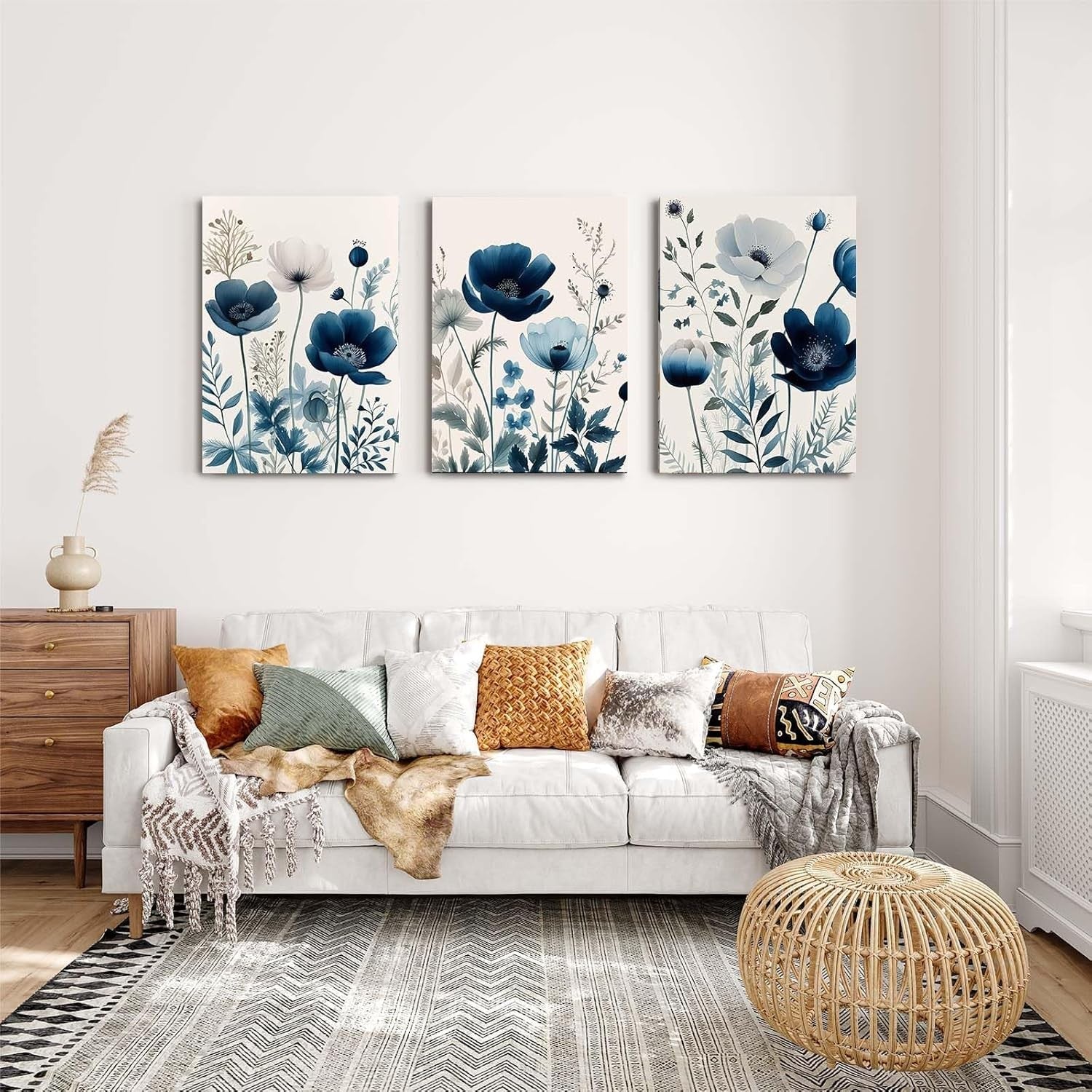 Blue Floral Canvas Wall Art Set of 3 Framed Prints 12x16 Modern Home Decor