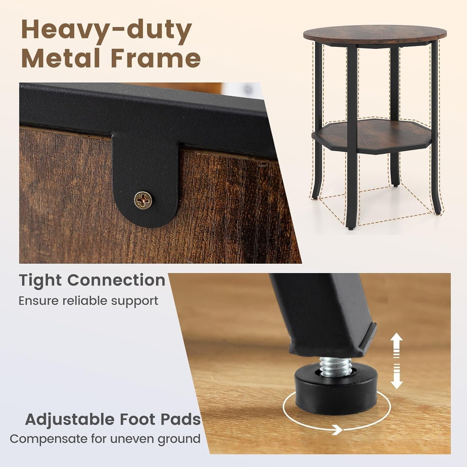 Rustic Brown Round Side Table | 2-Tier Industrial Sofa End Table with Shelf 50×6