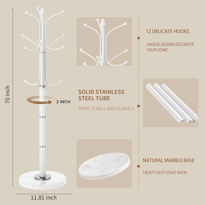 White Metal Coat Rack Stand Marble Base 12 Hooks Hall Tree Organizer