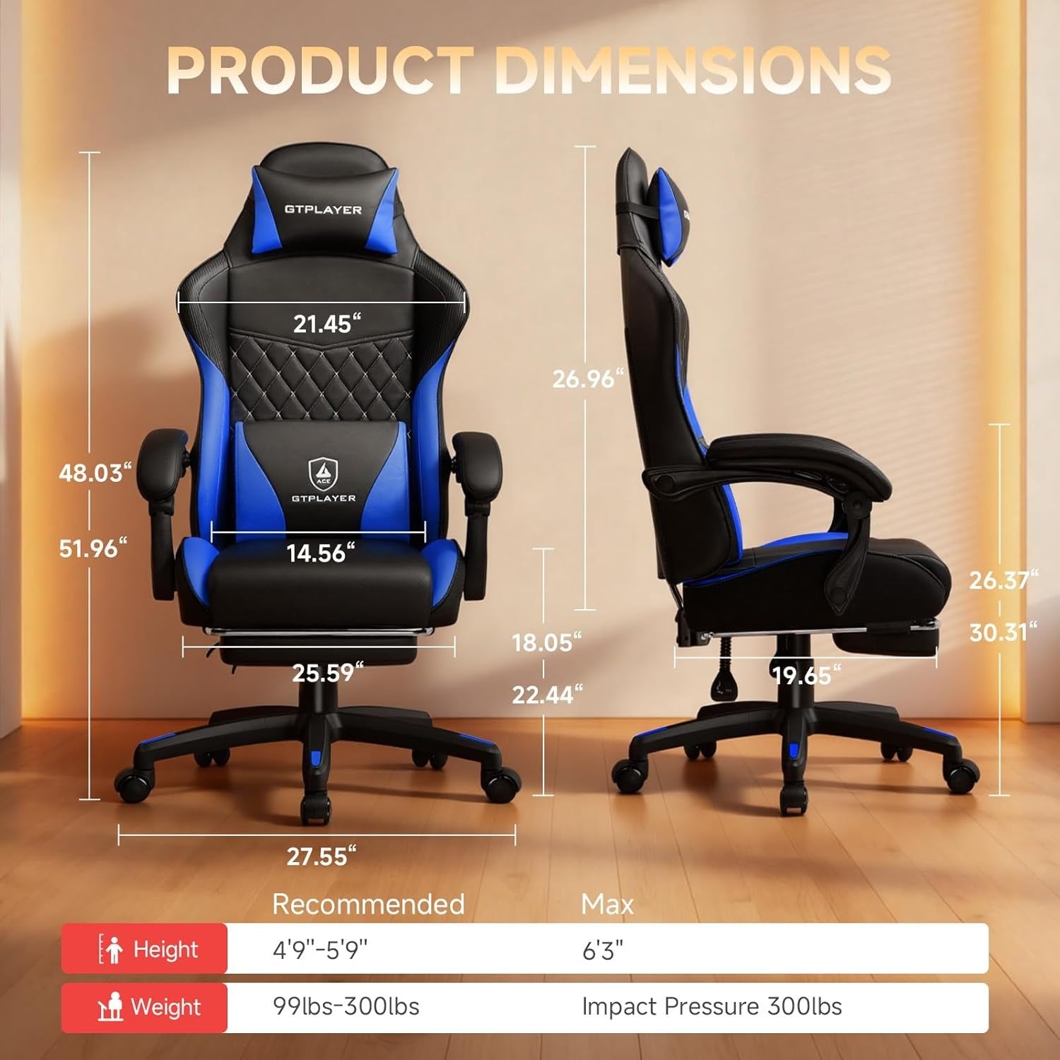 Gaming Chair High Back Leather Footrest Ergonomic Blue