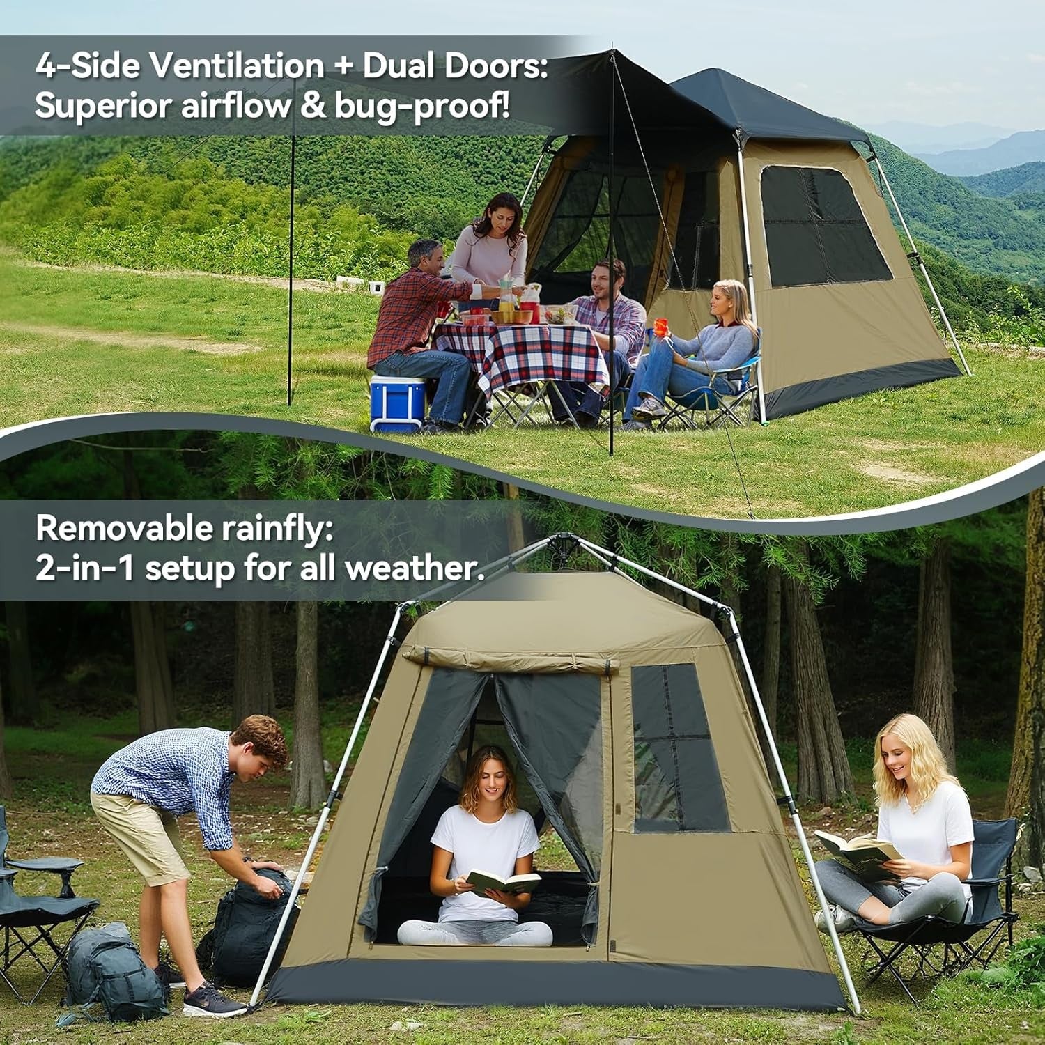 4 Person Pop Up Camping Tent Waterproof UV Dome w Sunshade