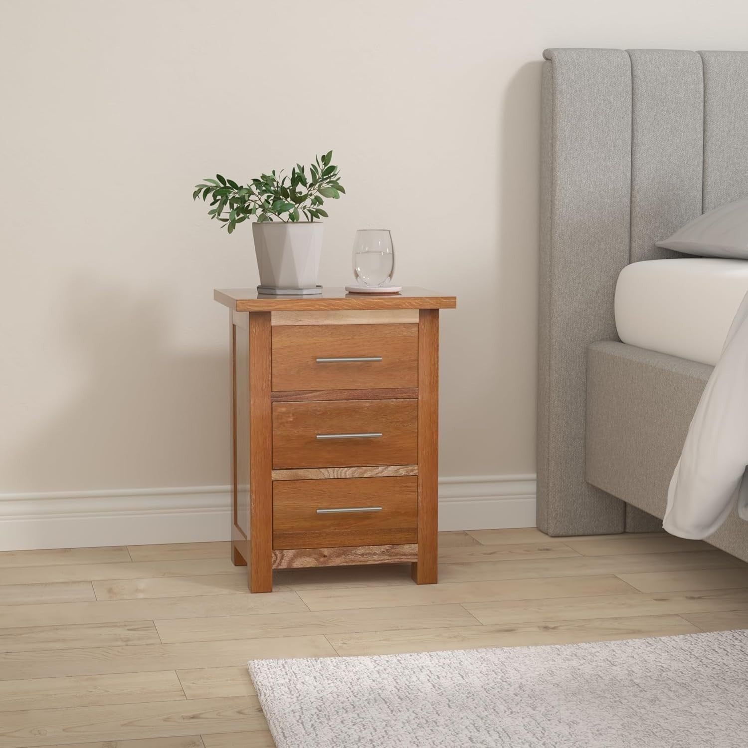 Solid Oak Bedside Table with 3 Drawers – Natural Wooden Nightstand