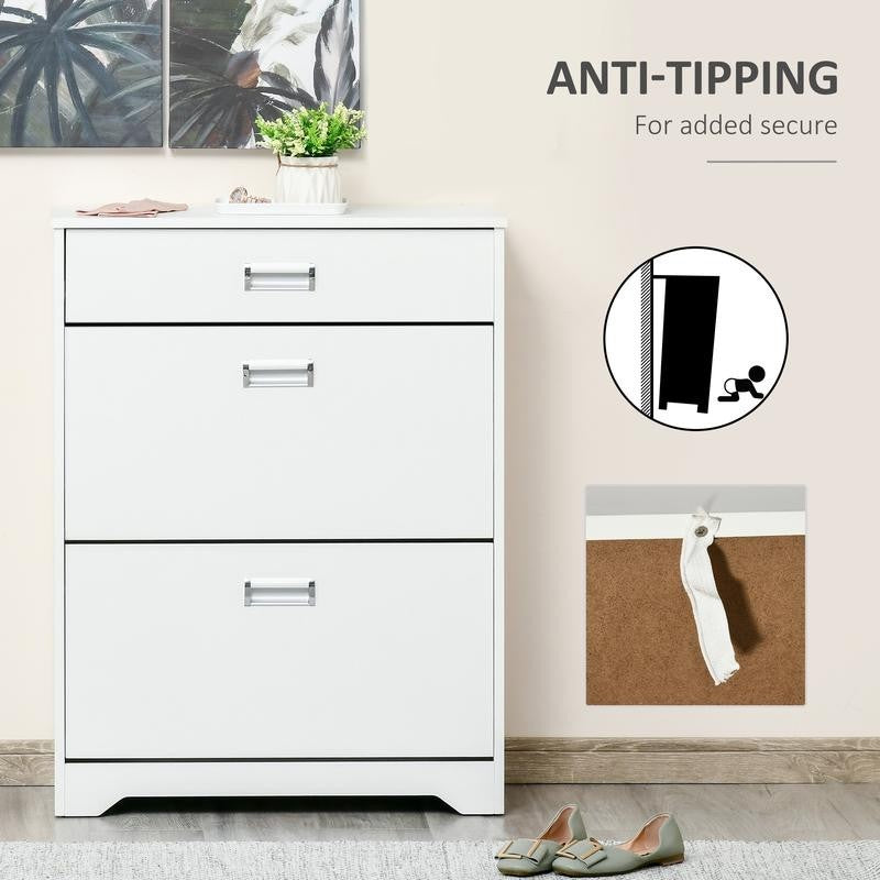 White Shoe Cabinet Bench with Drawers & Flip Doors – Slim Entryway Unit