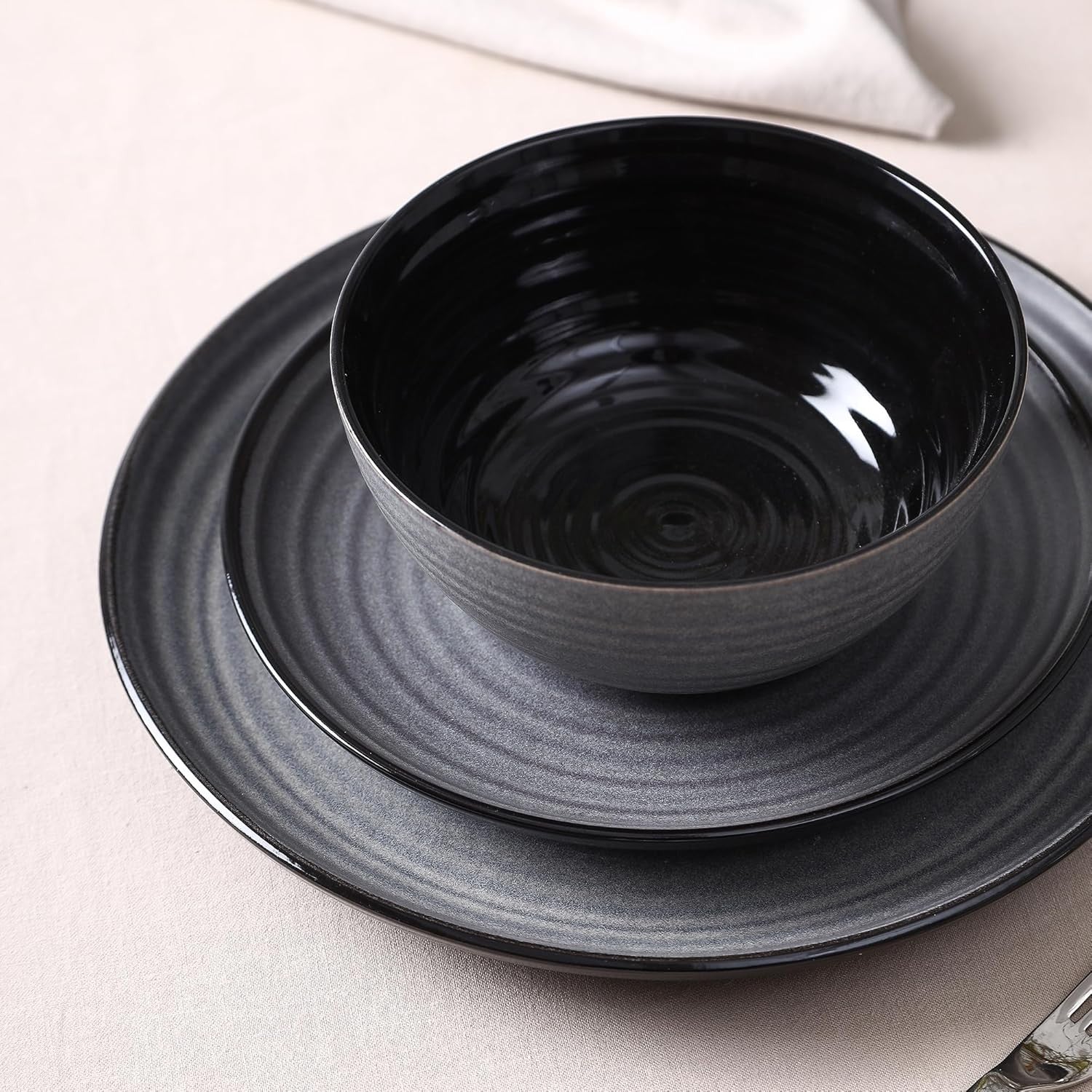 12pc Stoneware Dinner Set Plates Bowls Black Scratch Resistant Modern