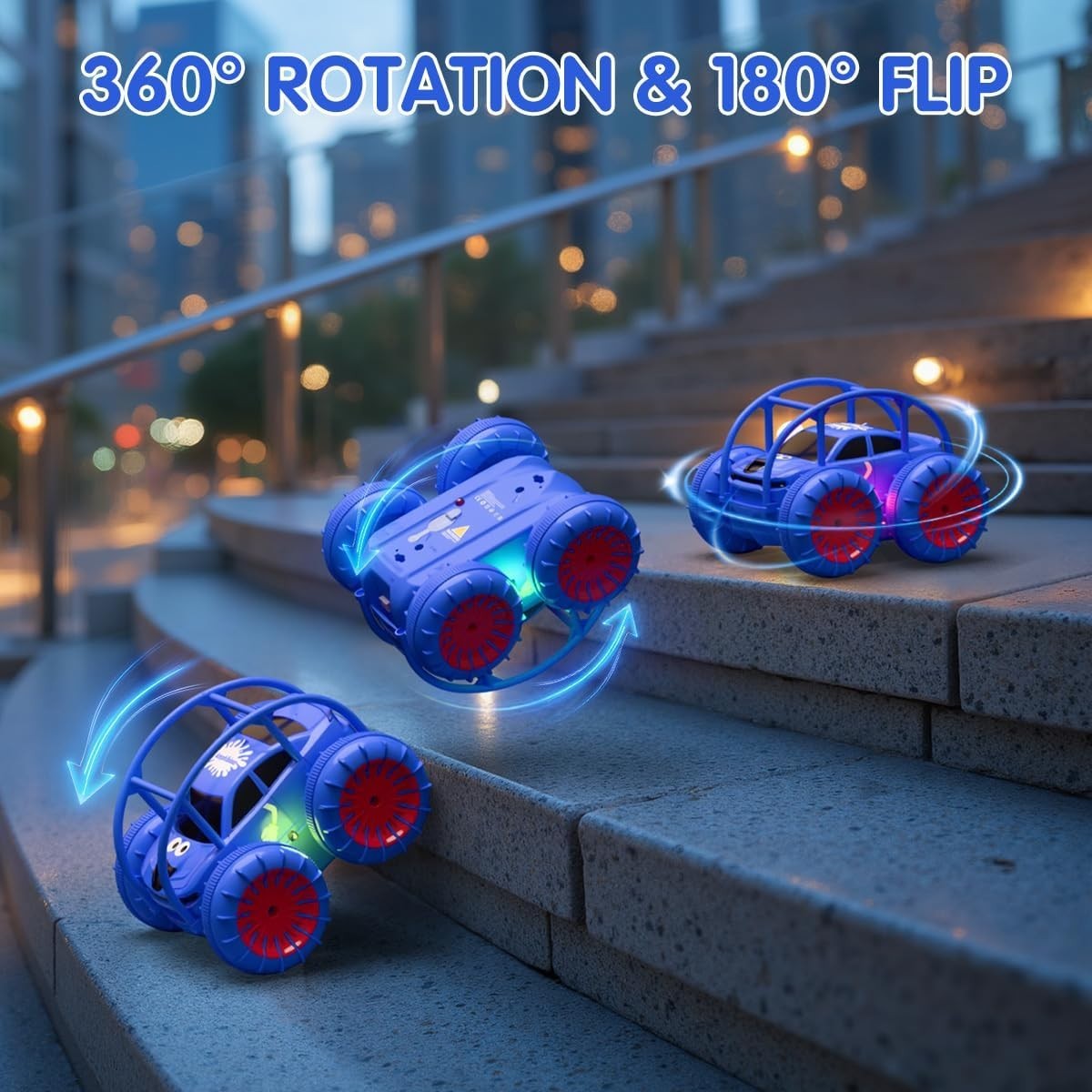 Amphibious RC Stunt Car 4WD Type-C Rechargeable 360° Flip LED Lights Kids Toy