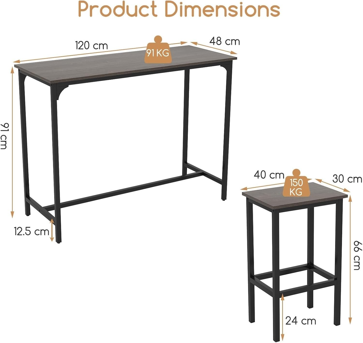 3PCS Gray+Black Bar Table Set with 2 Stools, Metal Frame Dining Set Furniture