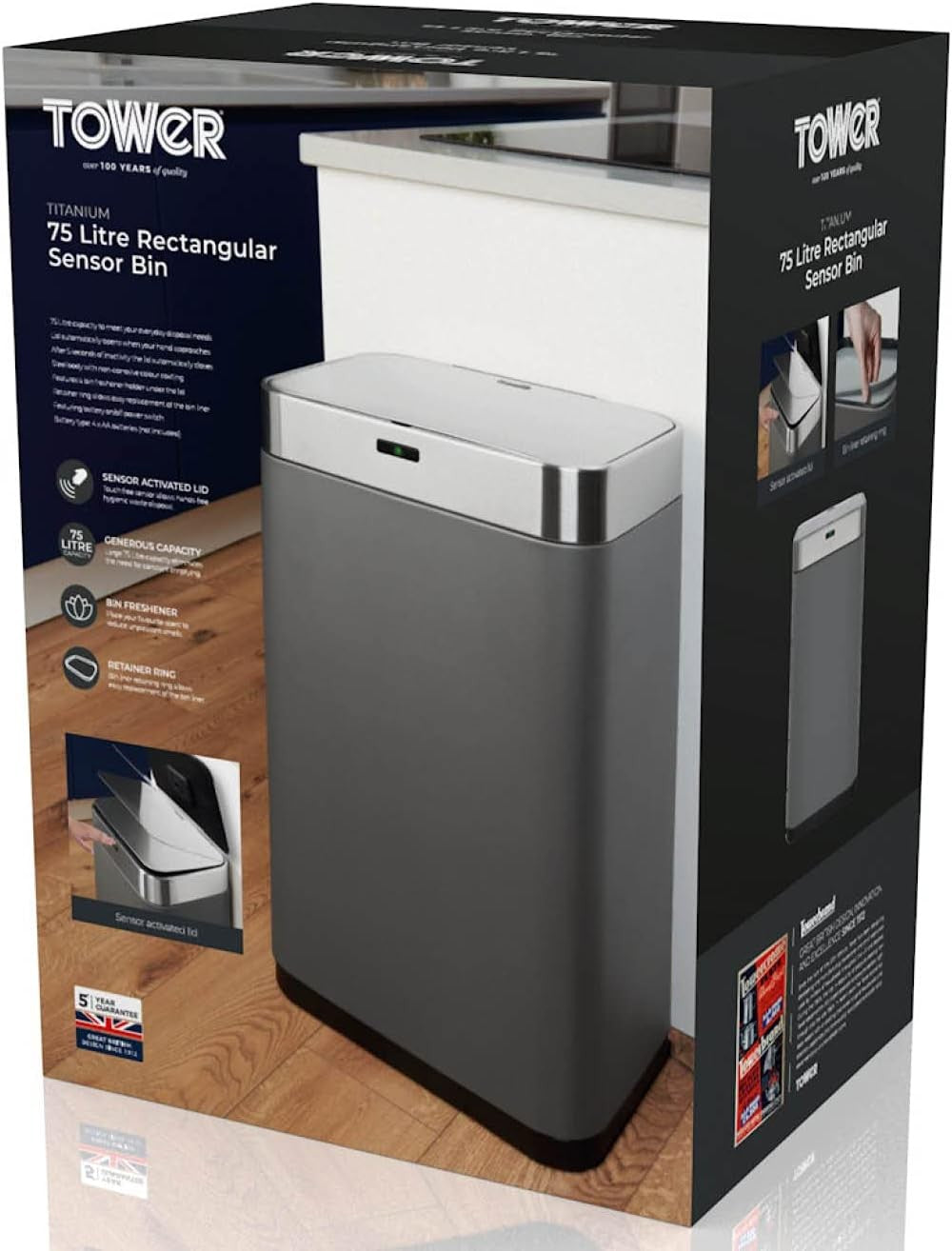 75L Automatic Sensor Kitchen Bin Titanium Fingerprint Proof