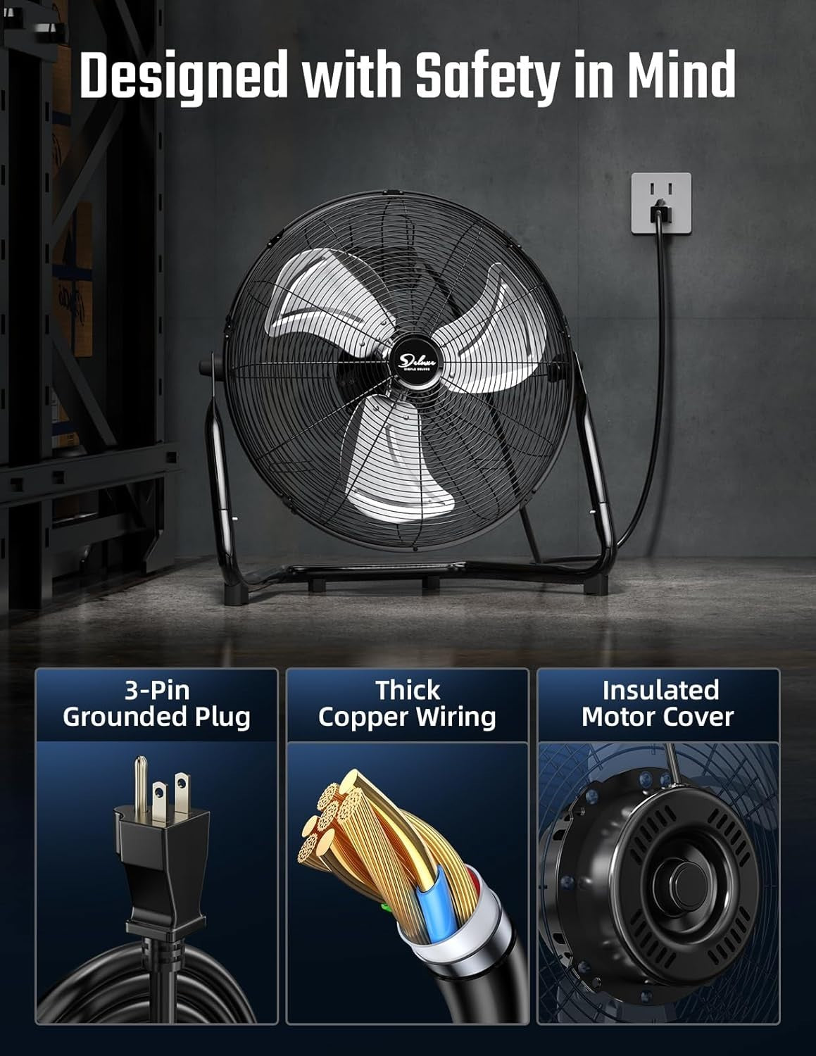 20" 3-Speed High Velocity Floor Fan – Heavy Duty Metal Cooling Workshop Garage