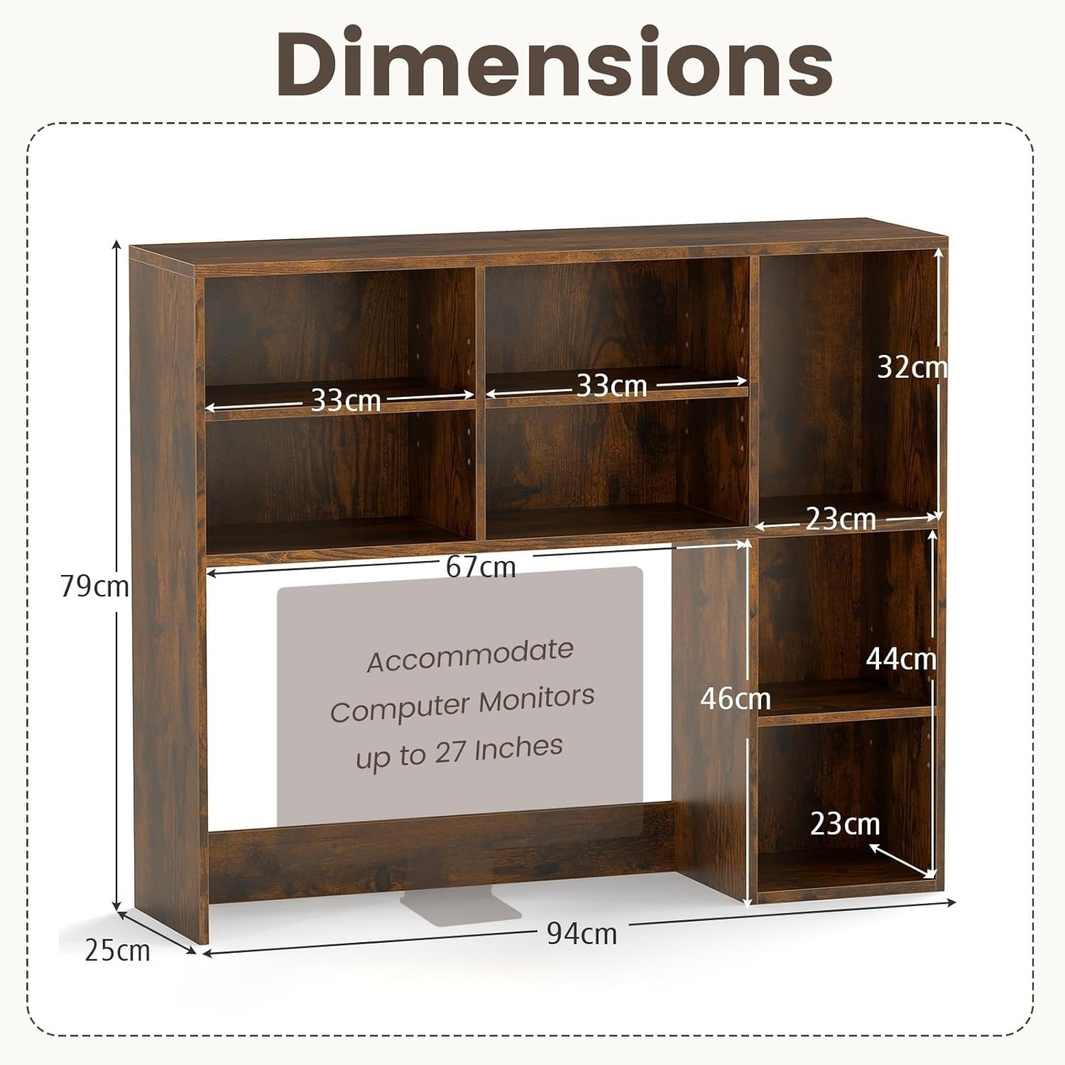 Rustic Brown Desktop Bookshelf 3-Shelf Adjustable Hutch Organizer Rack 94cm