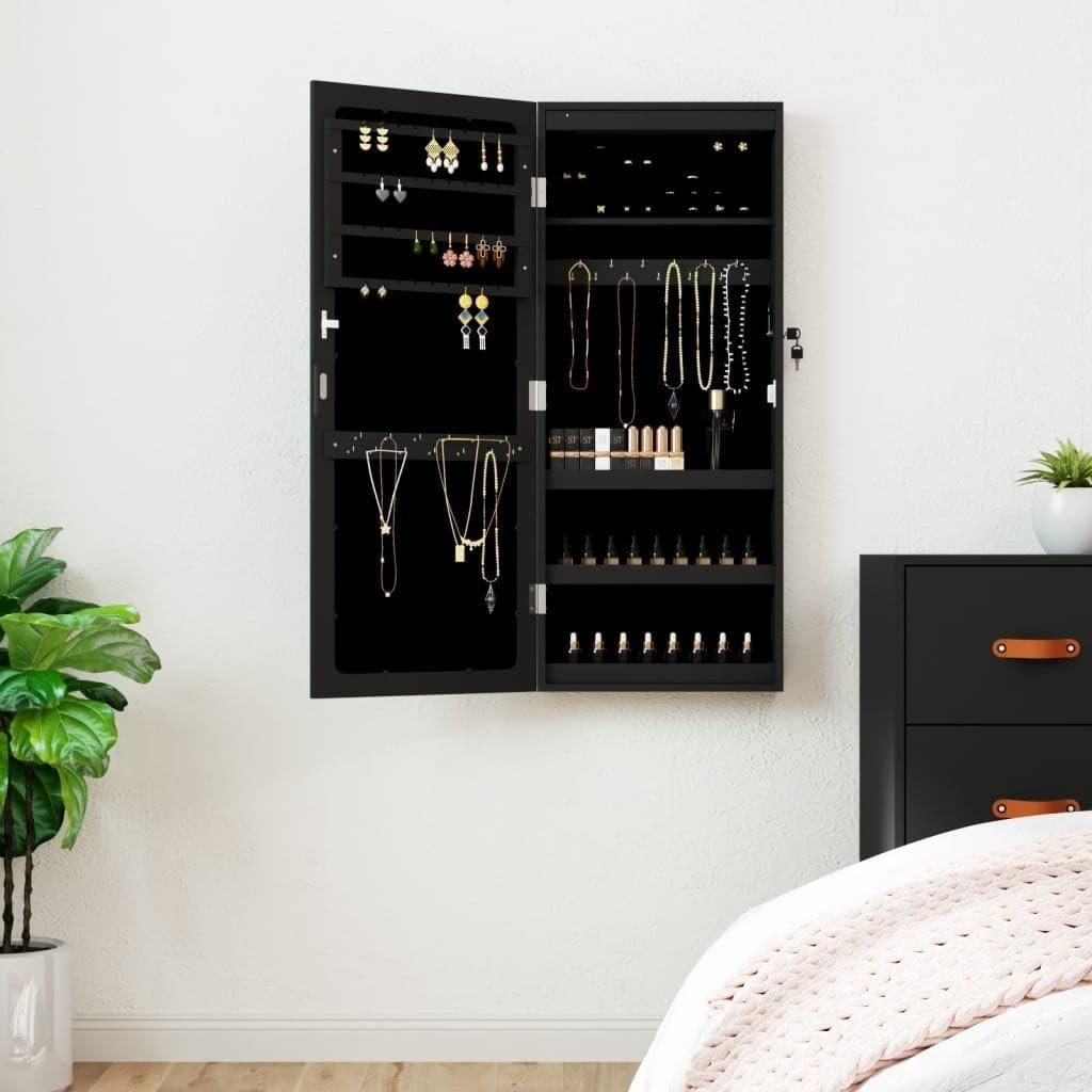LED Wall Mounted Jewelry Cabinet Frameless Mirror Lockable Storage Black