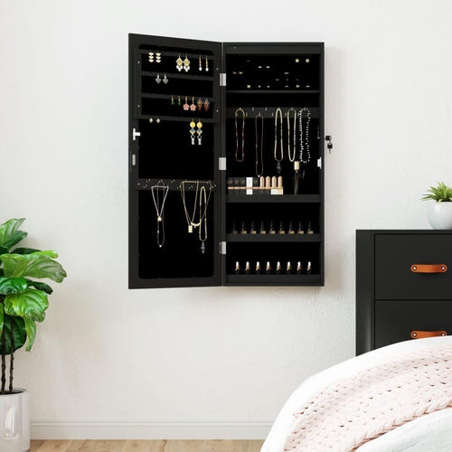 LED Wall Mounted Jewelry Cabinet Frameless Mirror Lockable Storage Black