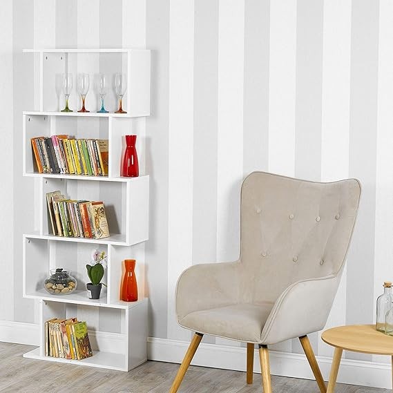 White S-Shaped 5 Tier Display Shelf | Modern Bookcase Storage Divider Unit