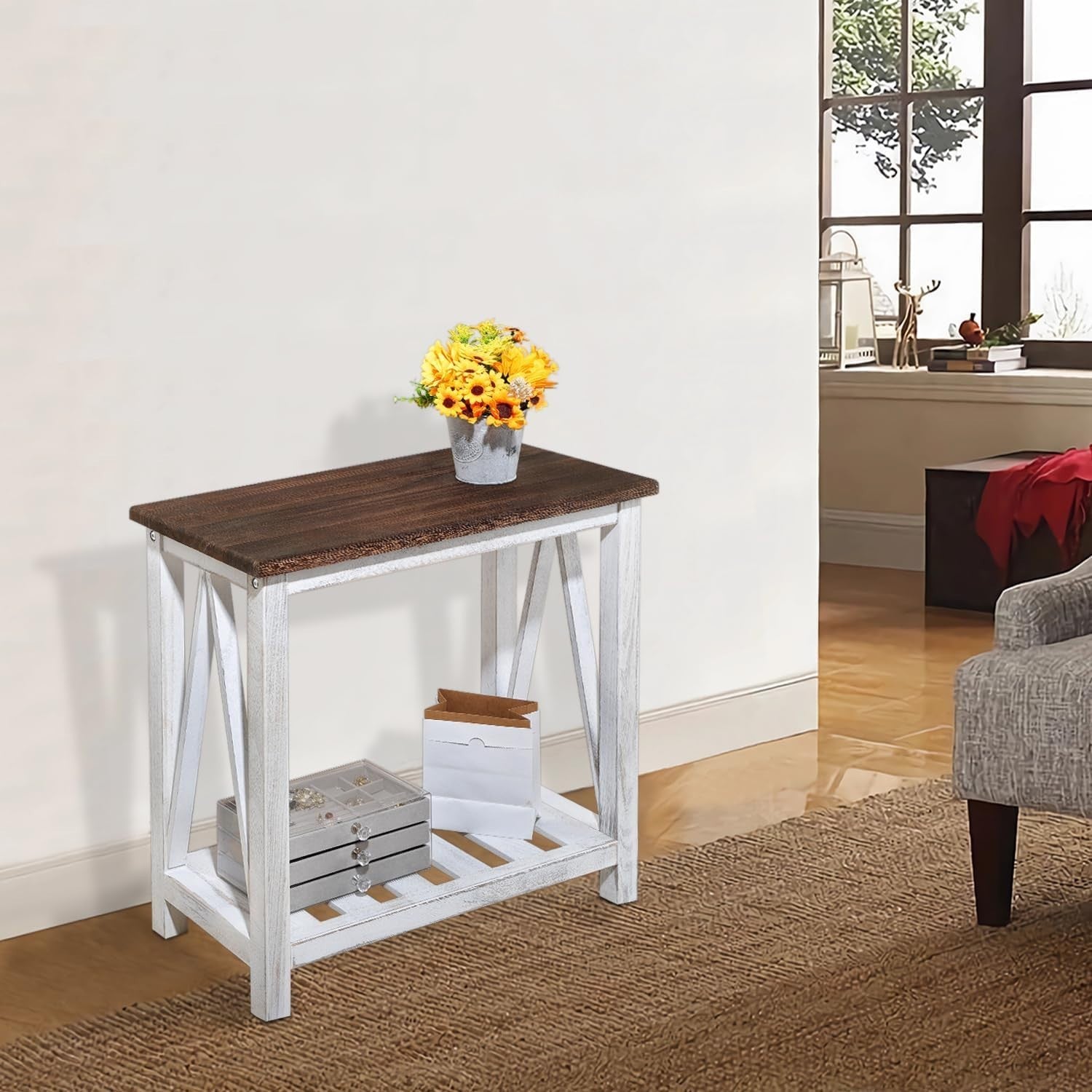 Rustic Brown & White Farmhouse End Table with Storage Shelf, Space-Saving