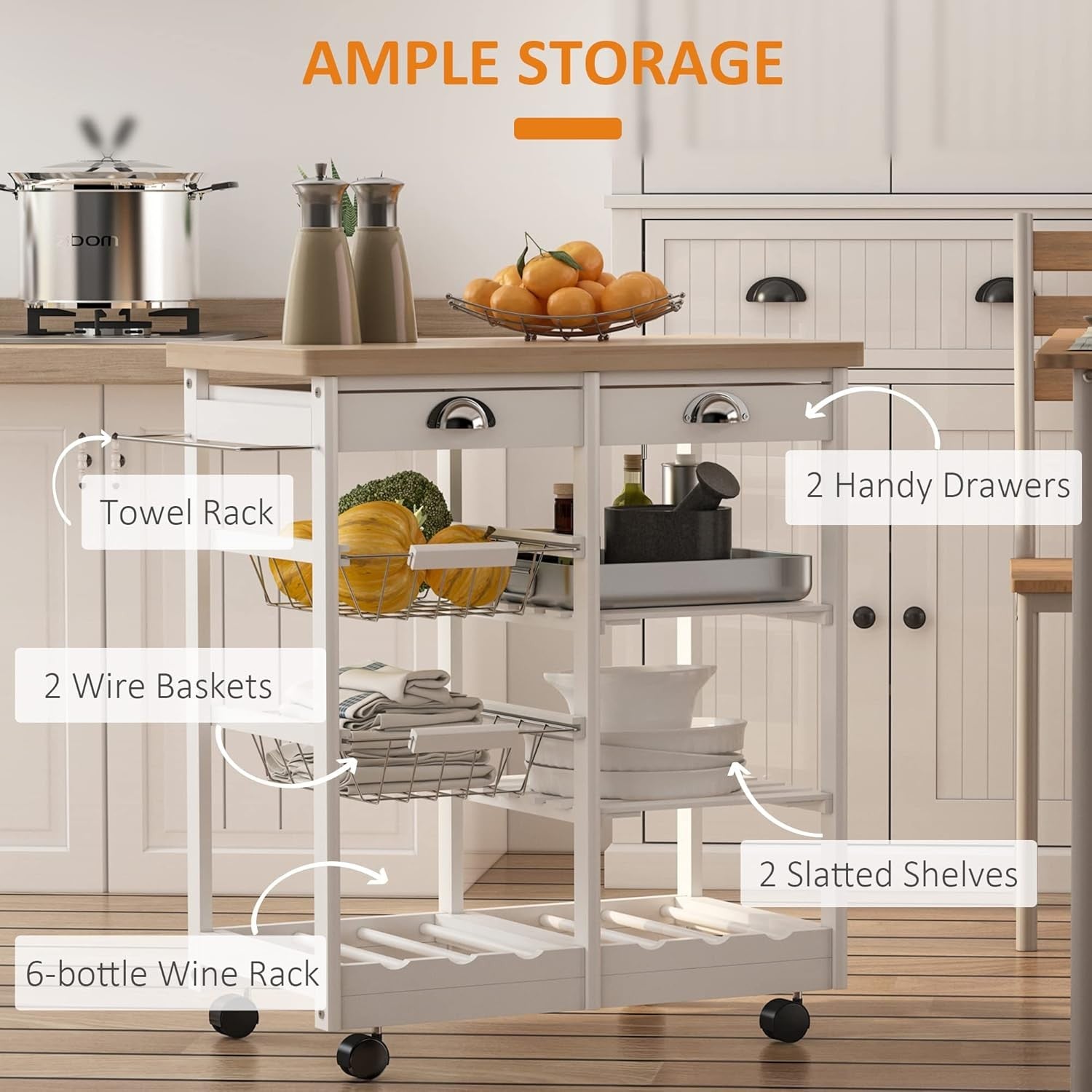 Kitchen Trolley on Wheels Storage Cart Drawer Wine Rack Shelves Wooden Top