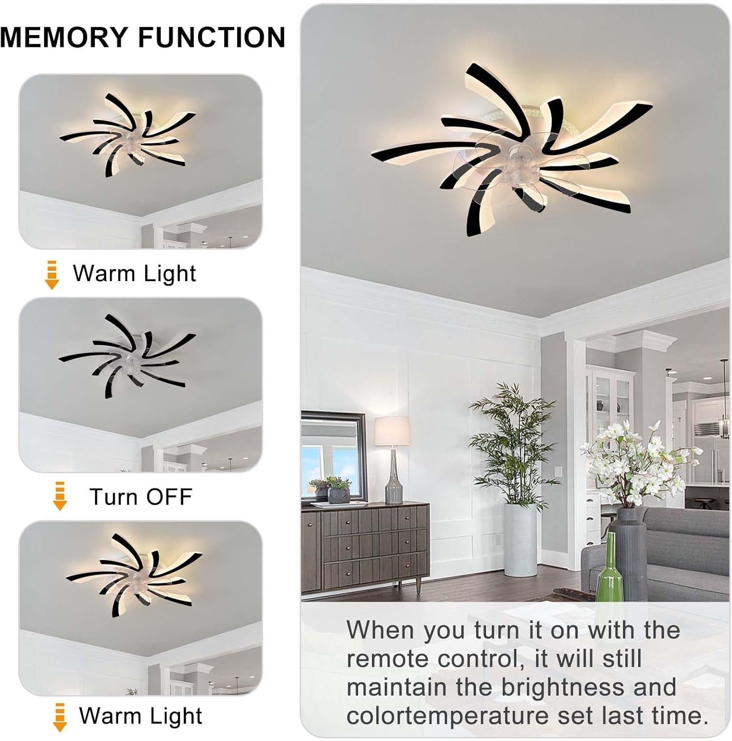 GWYAJTU RGB Ceiling Fan with Light, Remote, 6-Speed Silent DC Motor – Black