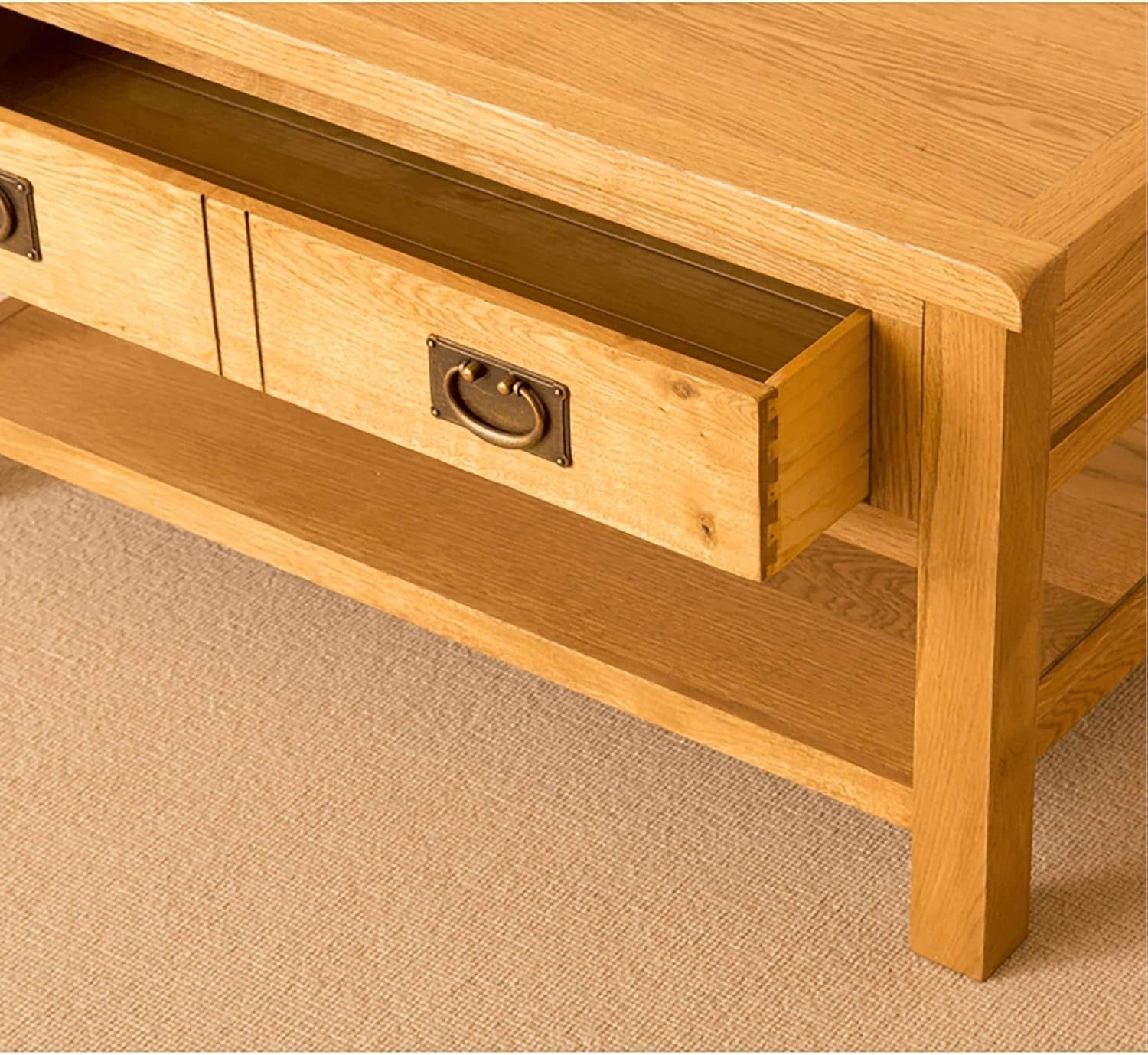 Rustic Oak Coffee Table with Storage Drawer & Shelf – Sturdy Solid Wood 90x55x47