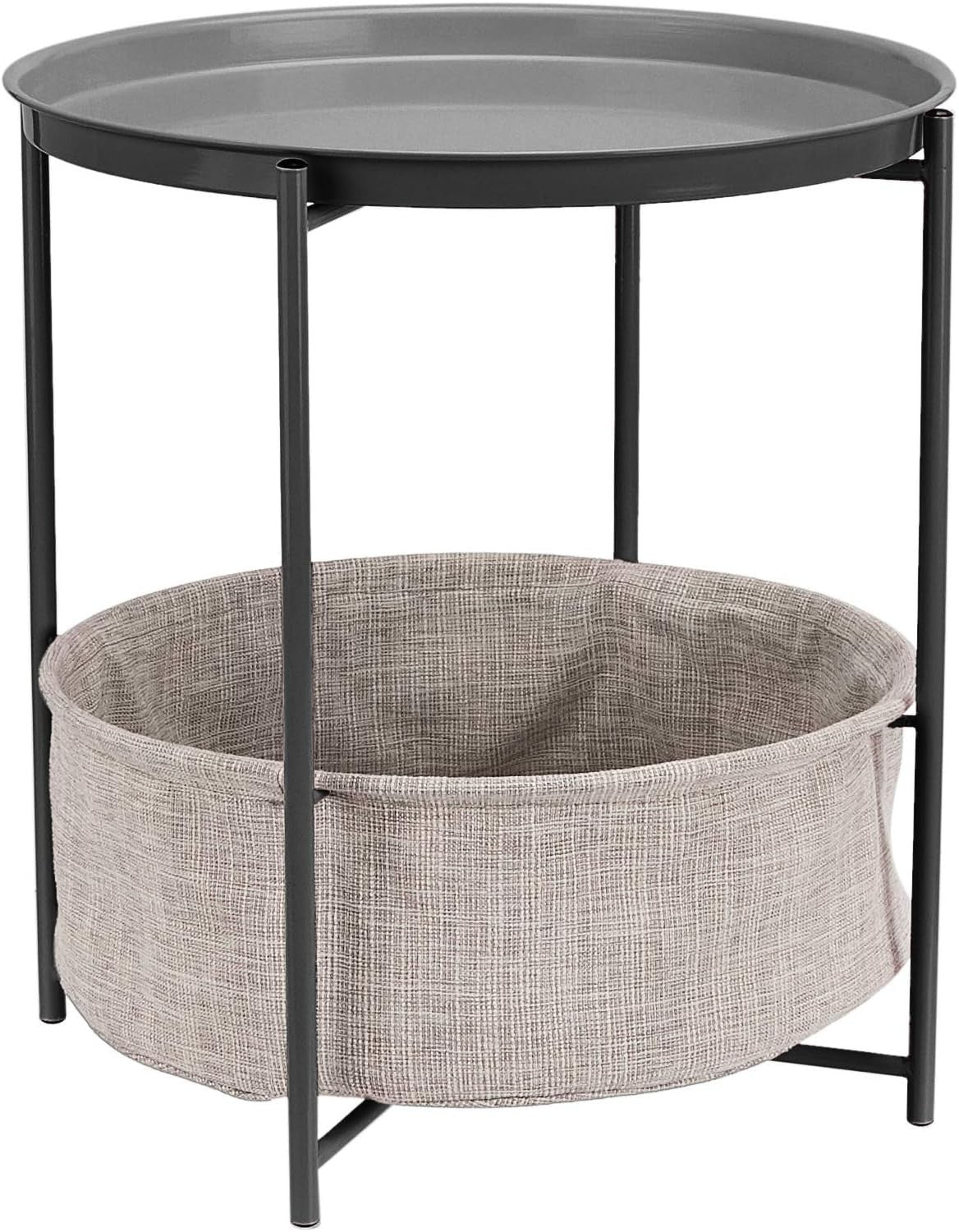 Round Storage End Table Charcoal Grey with Fabric Bin 45x45x48cm Modern