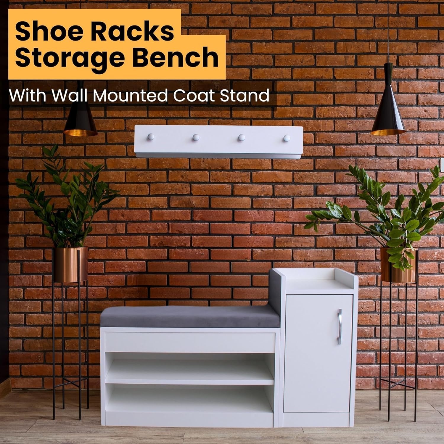 White Shoe Bench with Cushion & Wall Coat Rack Set Hallway Storage 100x35x60cm
