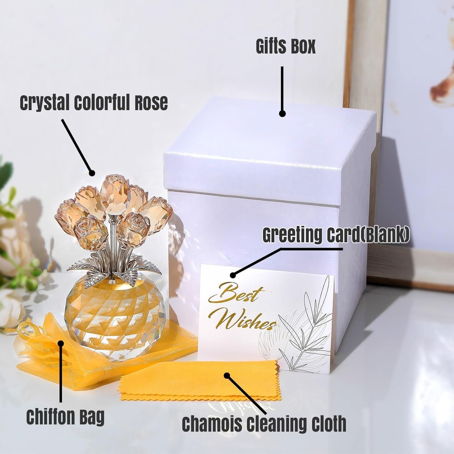 Gold Crystal Rose Bouquet Ornament Gift for Women Mum Anniversary Wedding