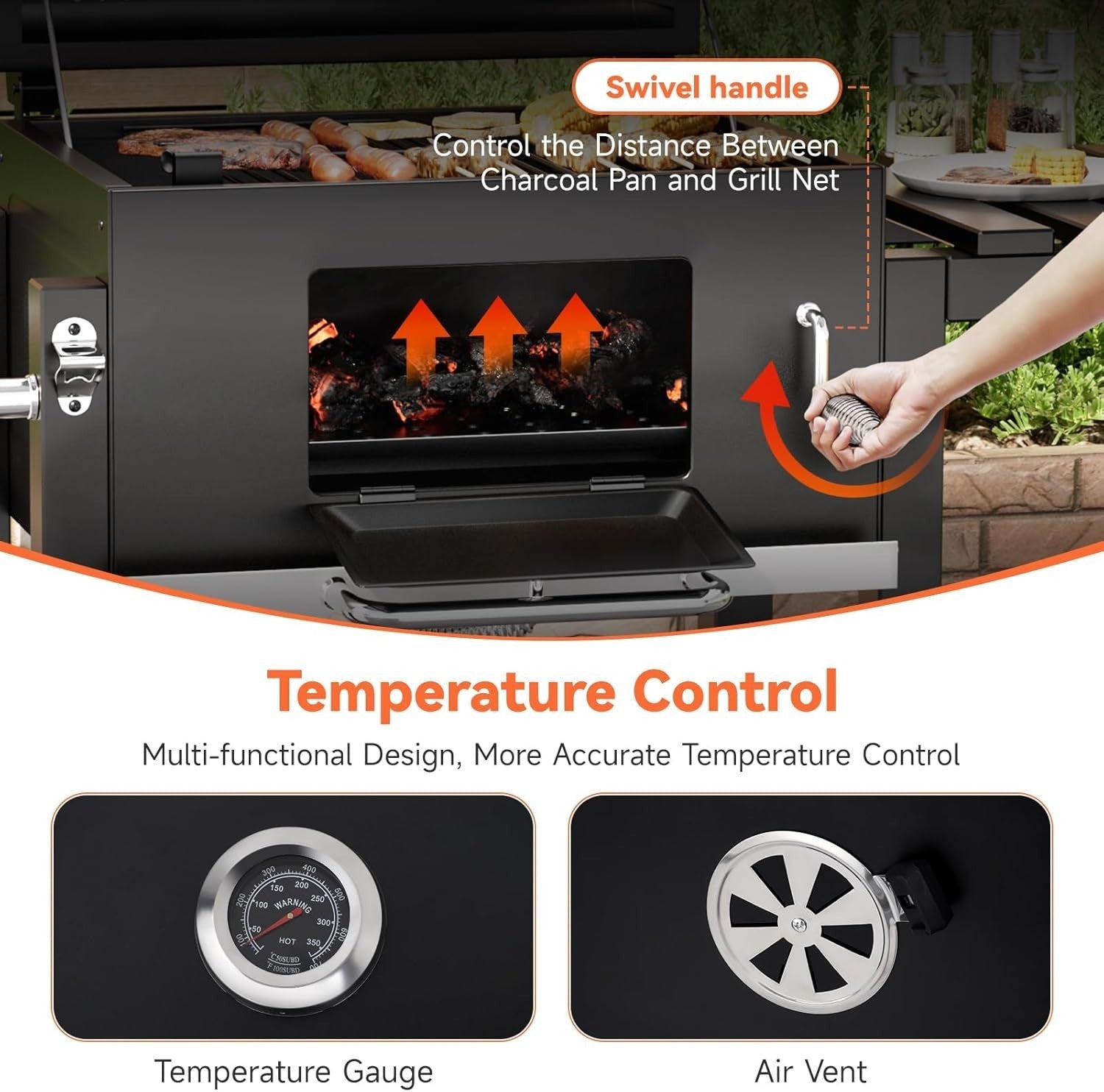 XL Charcoal BBQ Grill with Wheels, Side Table, Warming Rack & Thermometer