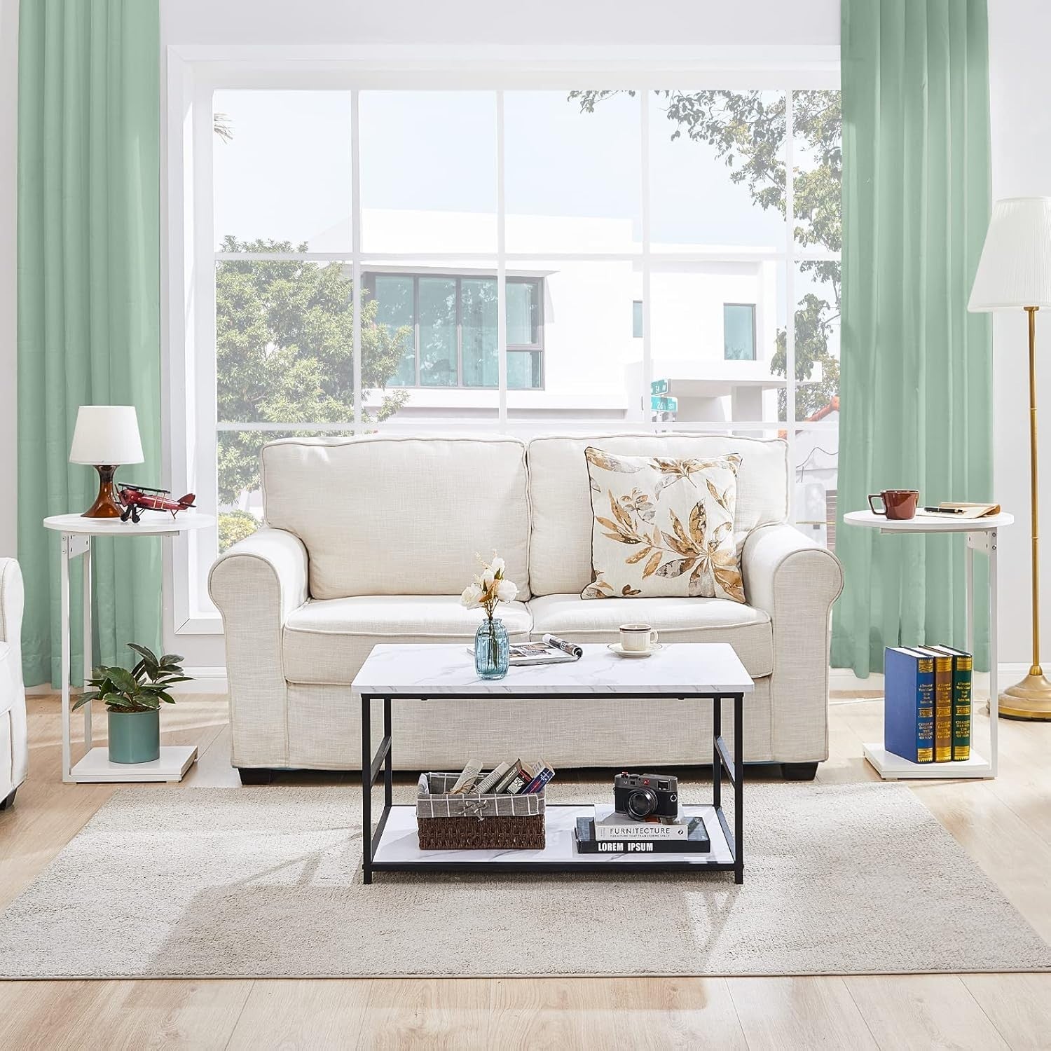 Slim C-Shaped Side Table with 15" Round Top – Space-Saving White End Table