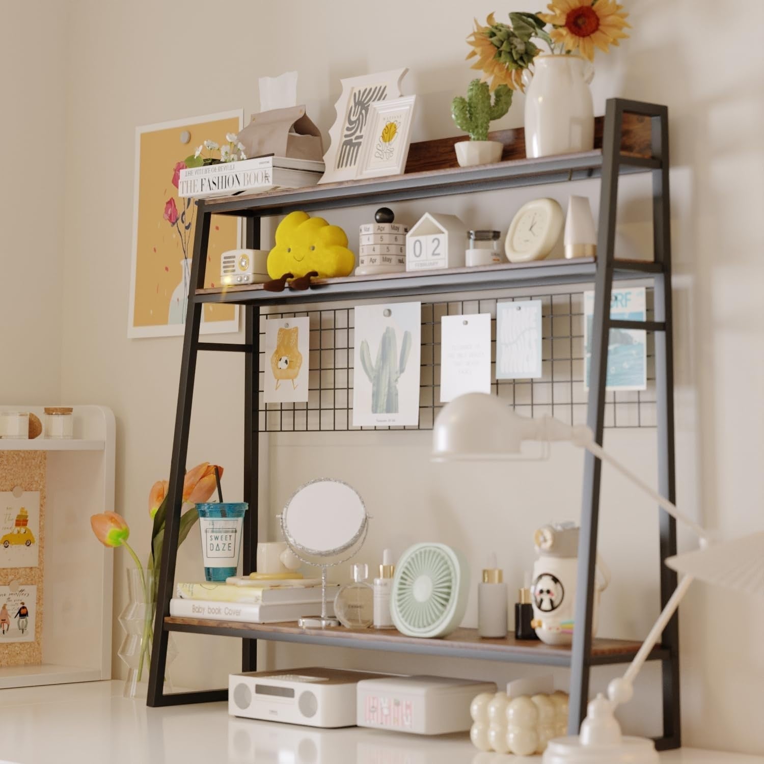 Black 2-Tier Desktop Bookshelf 95cm Space-Saving Desk Hutch Storage Rack
