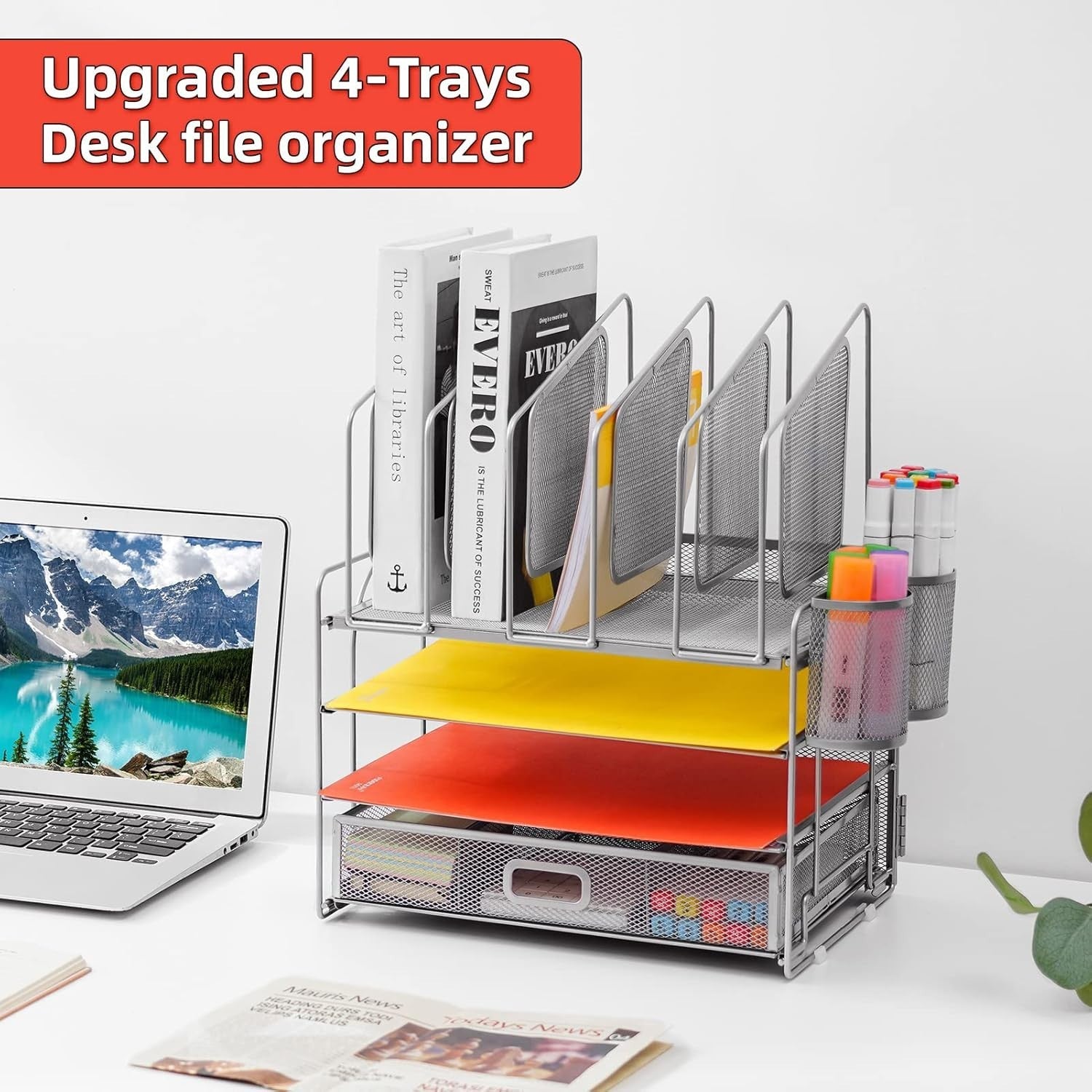 4-Tier Desk Organizer Tray Drawer 5 Vertical File & Pen Holders