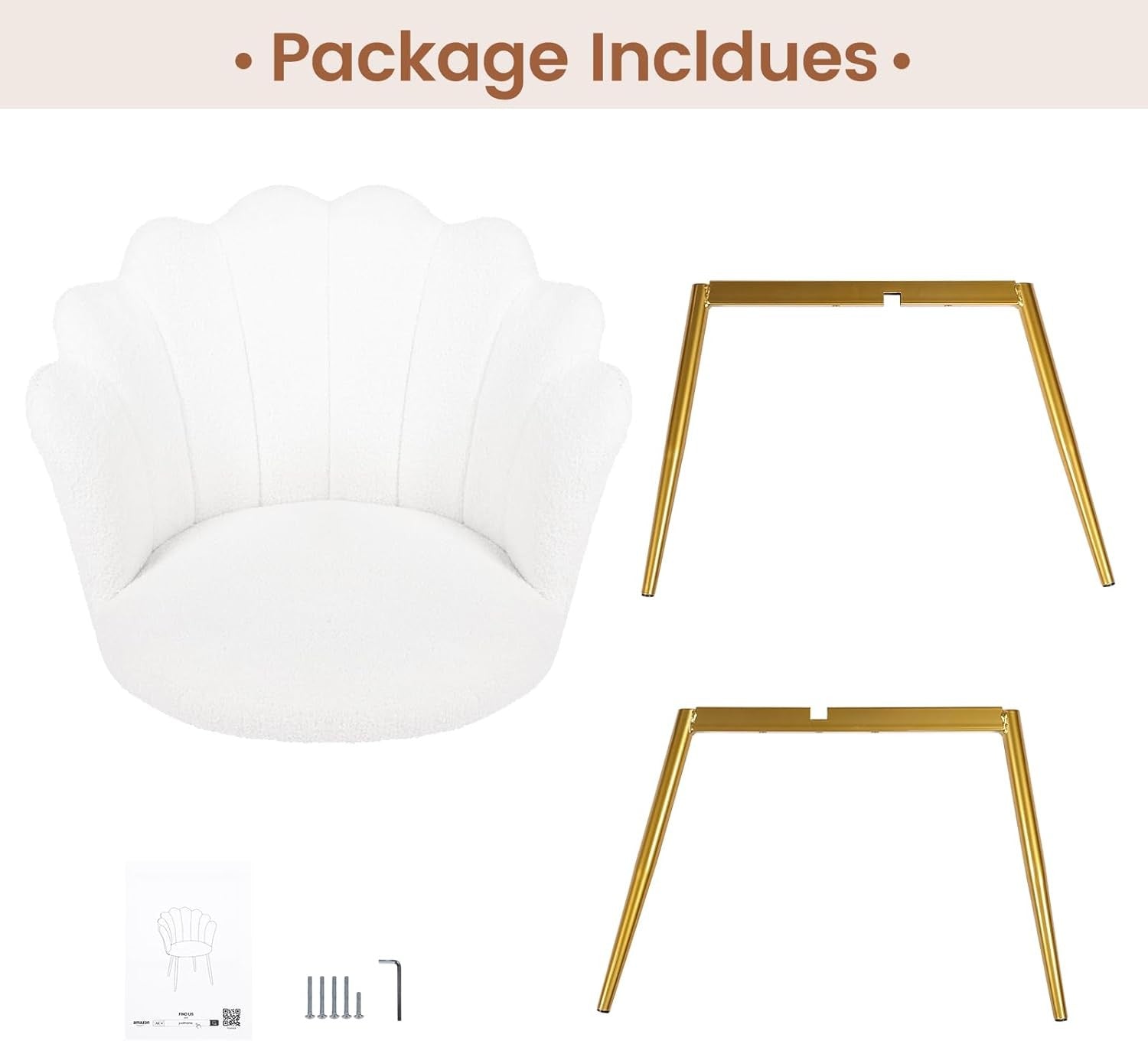 Boucle Vanity Chair Shell Back Gold Metal Legs White
