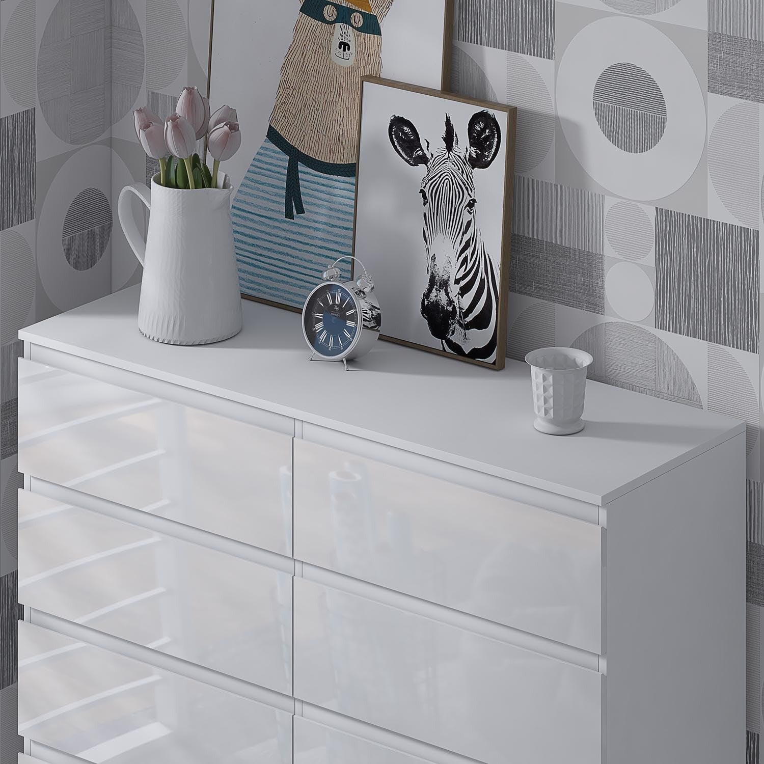 White Gloss 8-Drawer Chest Bedroom Storage Unit Handle-Free Modern Design
