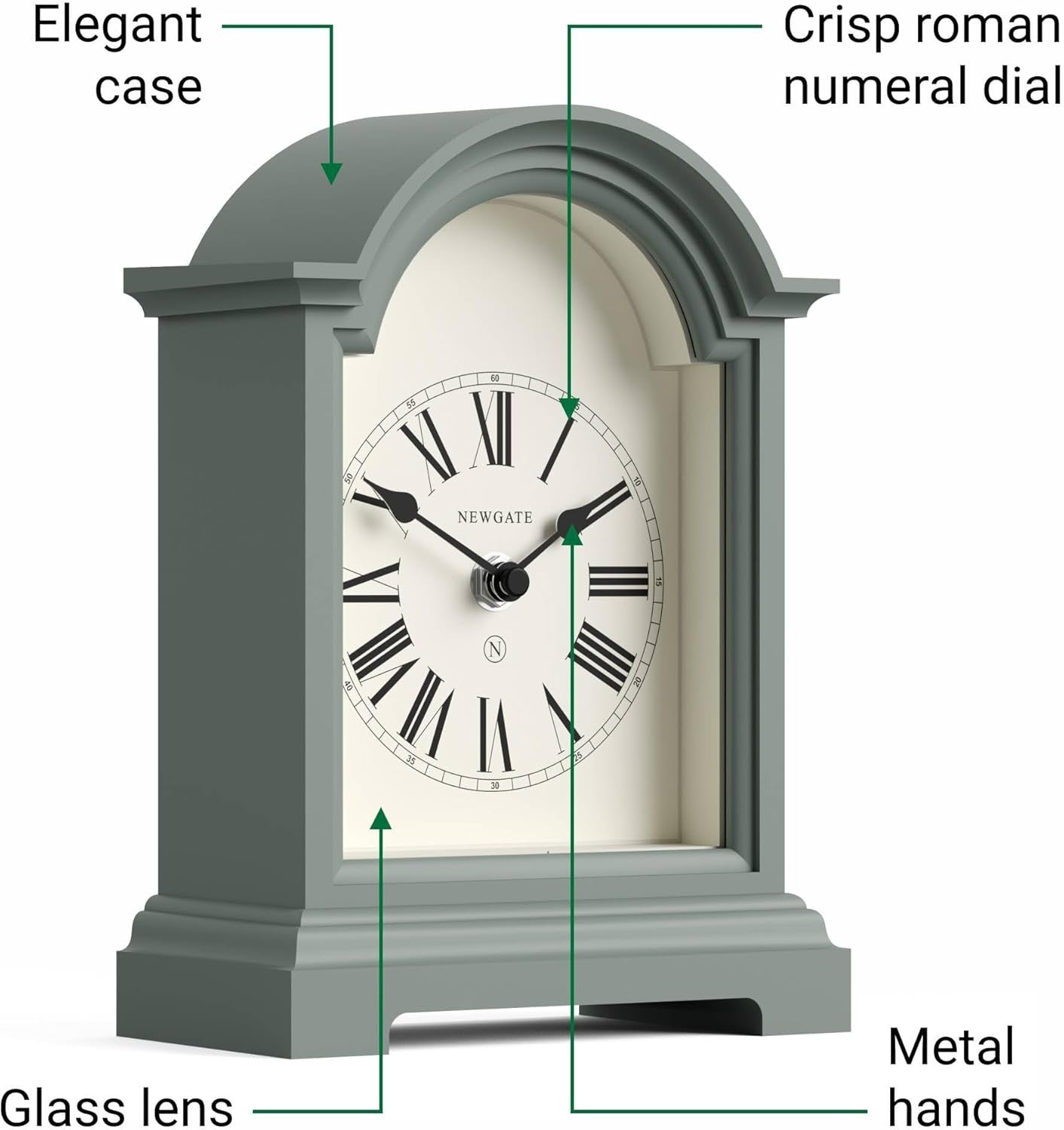Mantel Clock Classic Arch Roman Numerals Silent Desk Shelf Asparagus Green