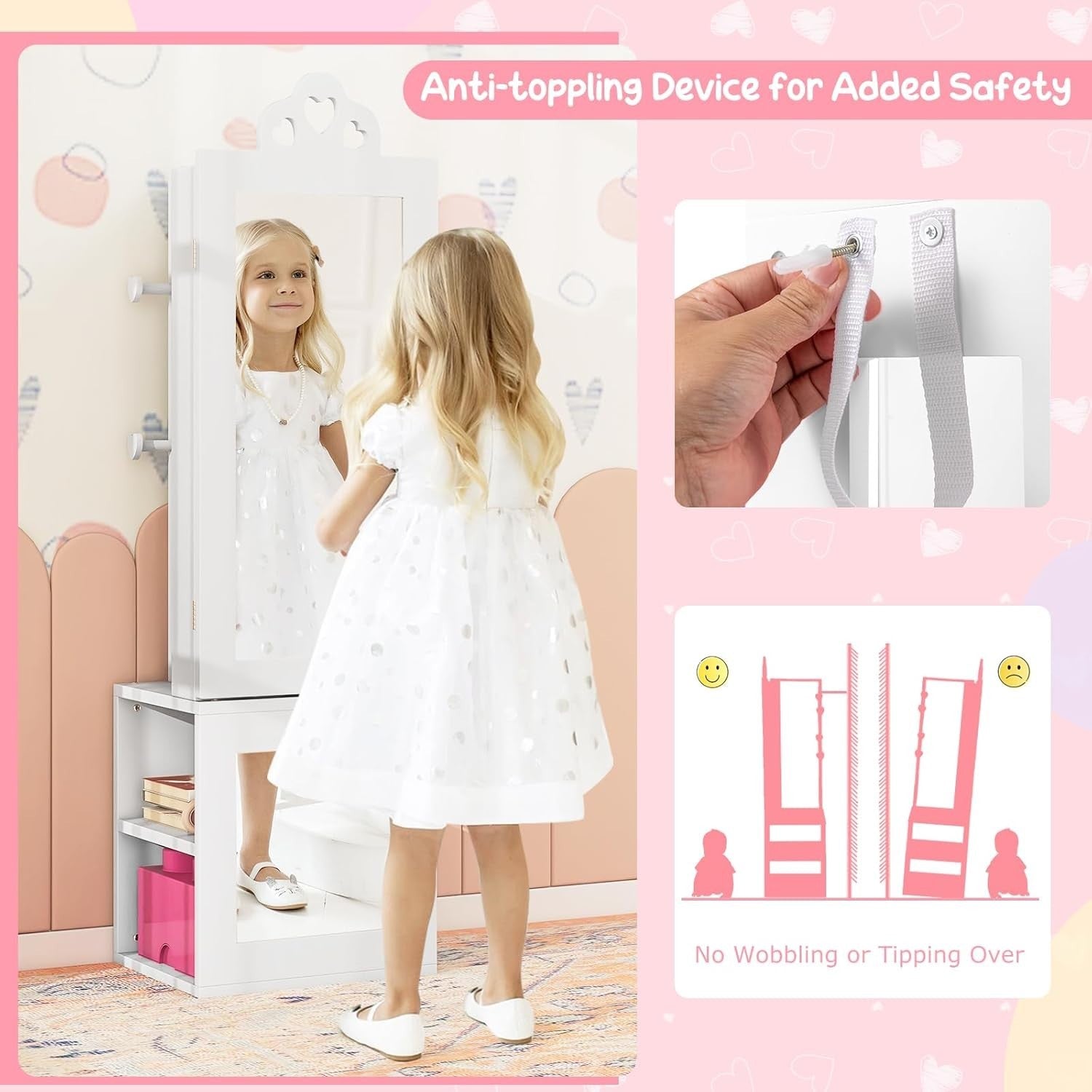 Kids Jewelry Cabinet Mirror Organizer with Clothes Rack Storage Shelves
