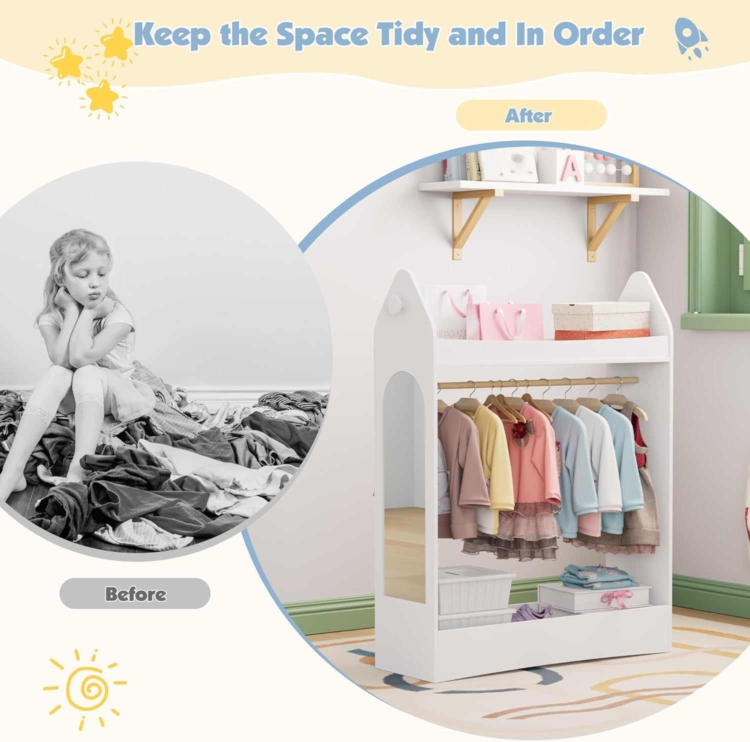 Kids Wardrobe with Mirror & Hanging Rail, No Drawer, White Rocket Design