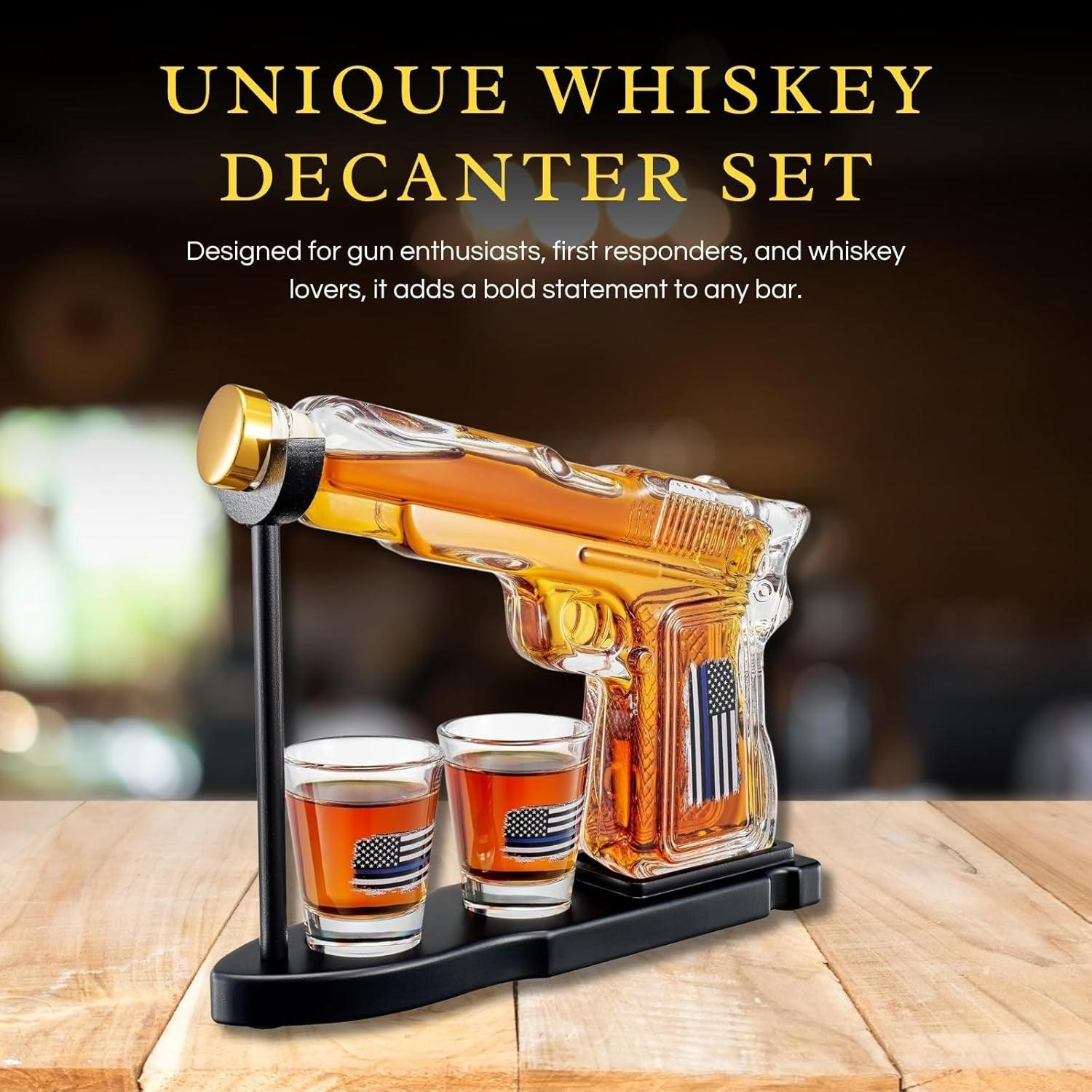 Whiskey Gun Decanter Set with Glasses & Stand – 8oz Pistol Bar Gift