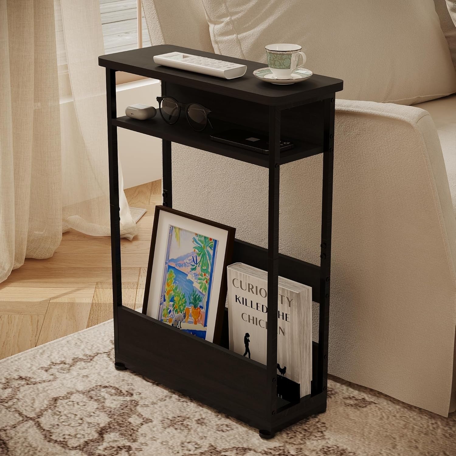 Slim 3-Tier Narrow Side Table with Storage Shelf 46x18x62.5cm Space-Saving
