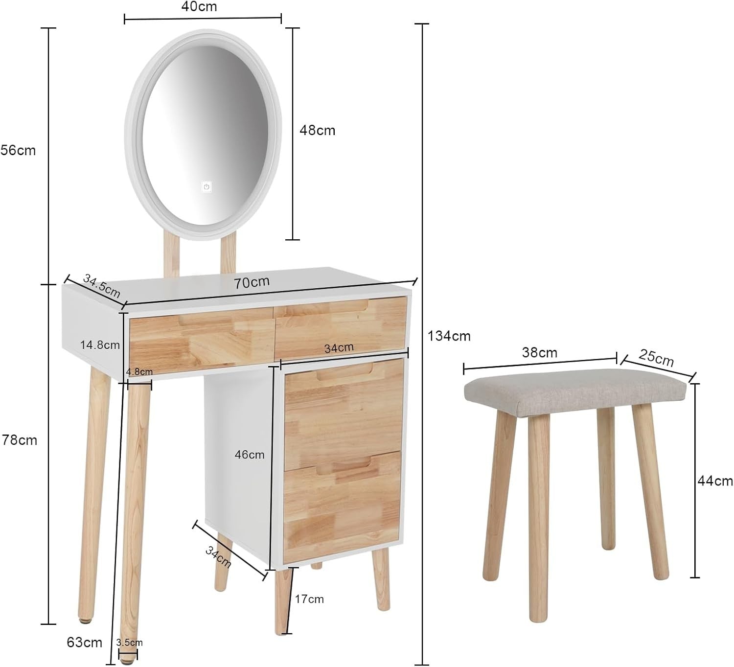Rosewood Vanity Table Set Oval Mirror 3 Light Modes Makeup Desk 2 Drawers