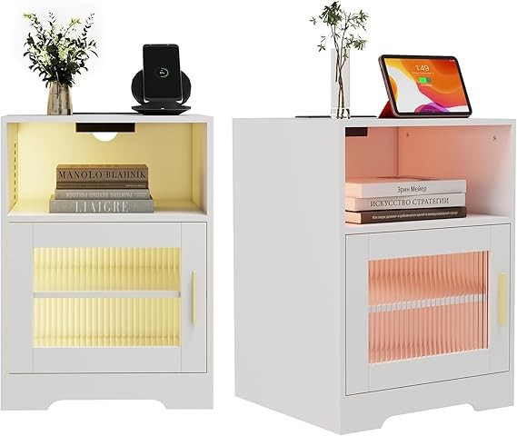 LED Bedside Table with Charging Ports, White Nightstand with Shelf