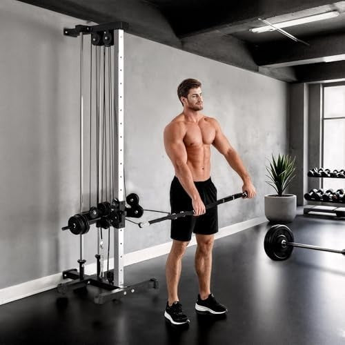 Adjustable Wall Mount Cable Machine, 15-Position Dual Pulley System Home Gym