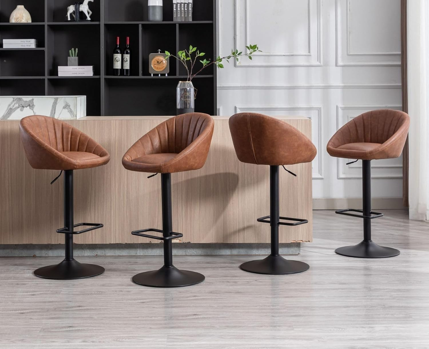 Bar Stools Set of 2 PU Brown L-Shaped Adjustable PU Counter Chairs