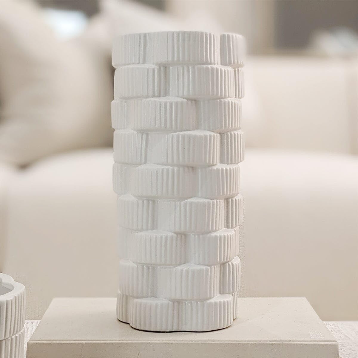White Ribbed Ceramic Floor Vase 30cm Modern Flower Living Room Decor
