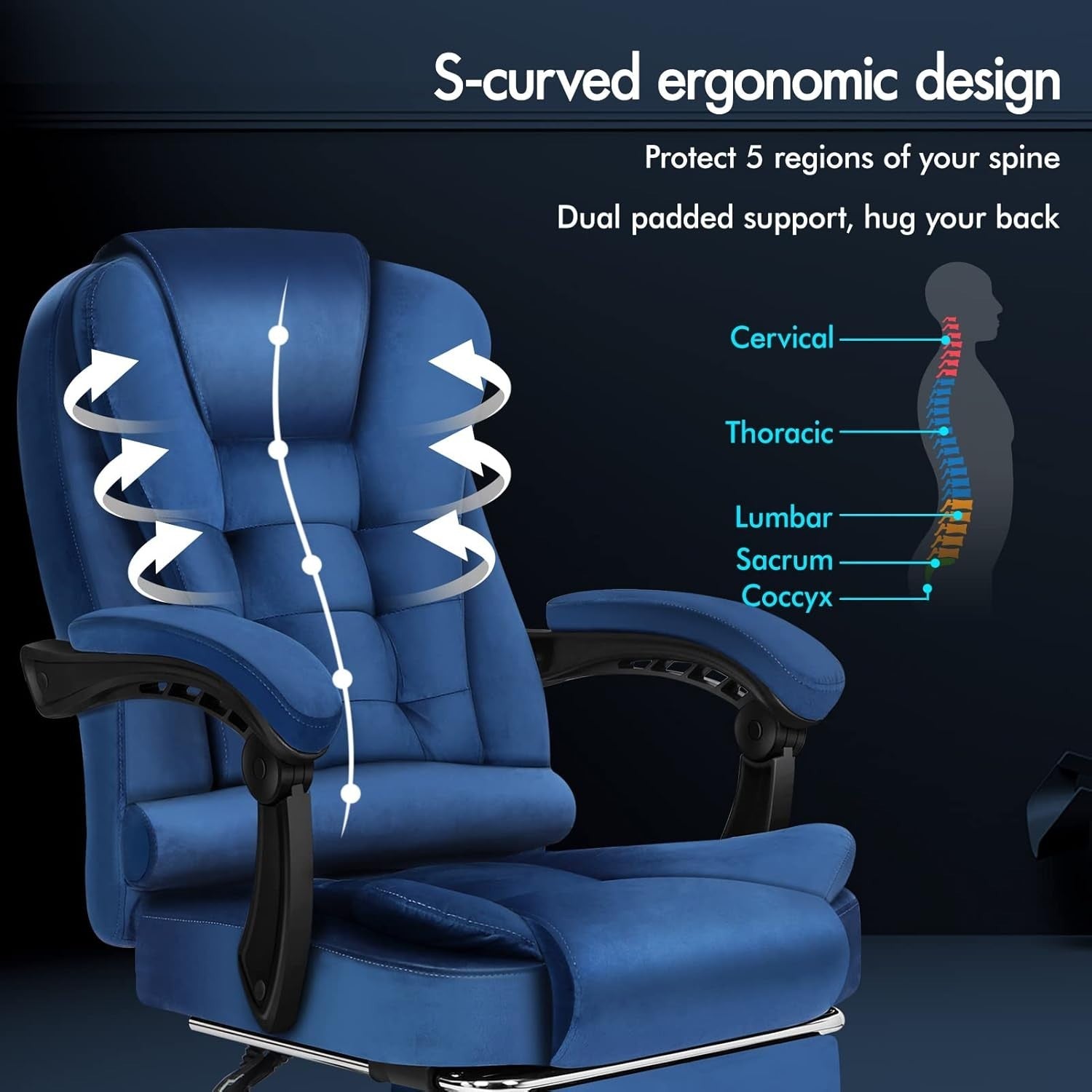 Massage Office Chair Velvet Recliner 150° Swivel Footrest High Back Blue