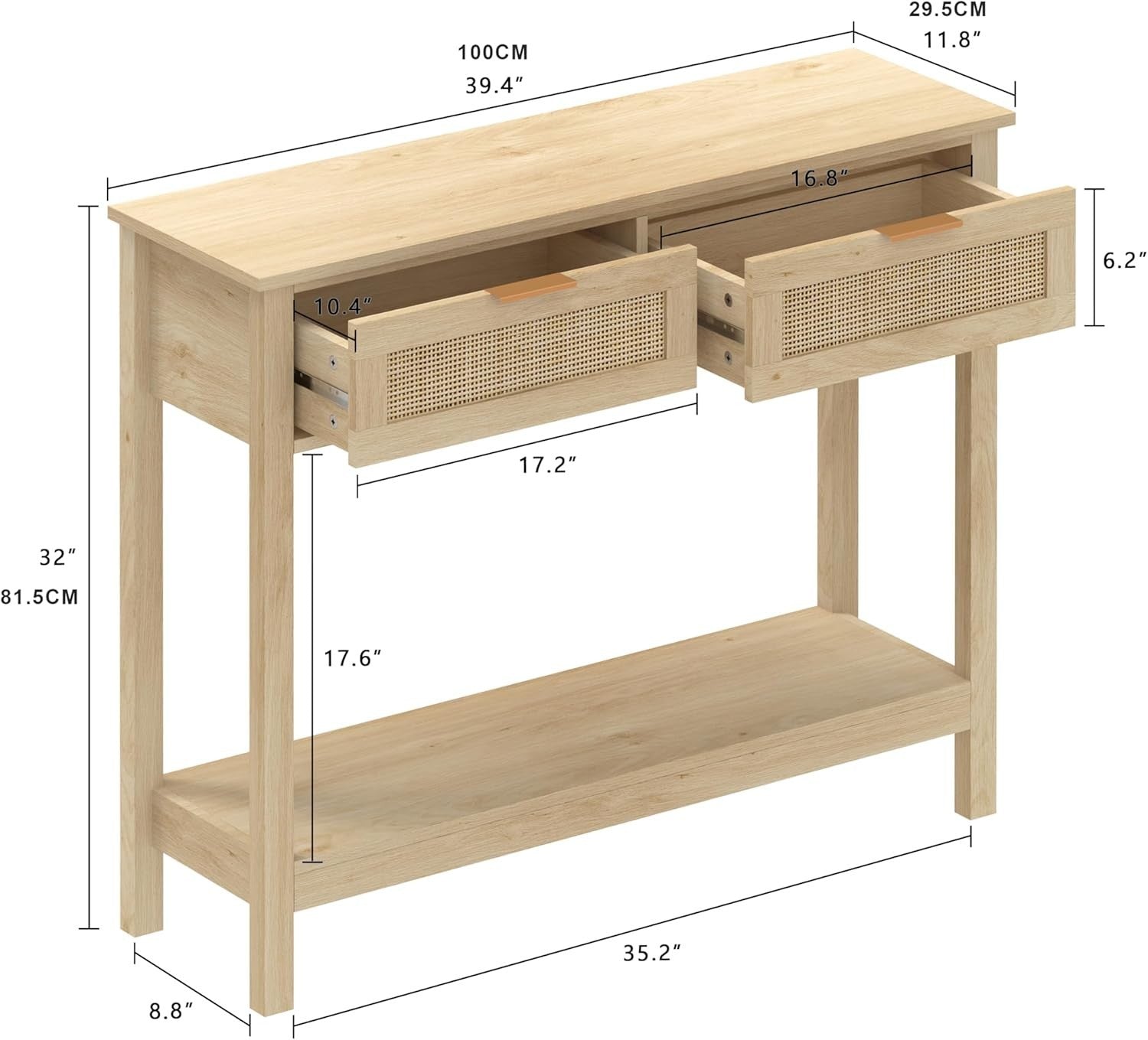 Boho Rattan Console Table with Drawers & Open Shelf, Rustic Entryway