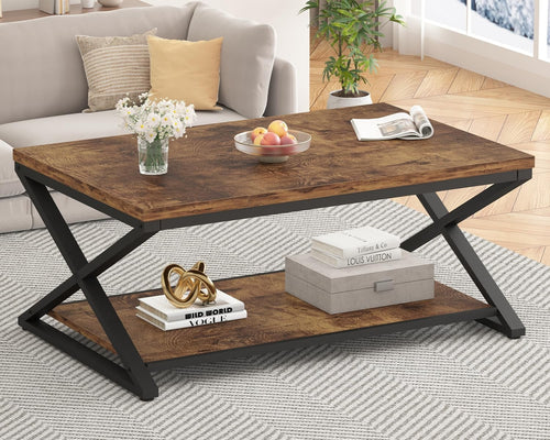 Rustic Wood Coffee Table with Storage Shelf – Modern Farmhouse 39" Rectangular