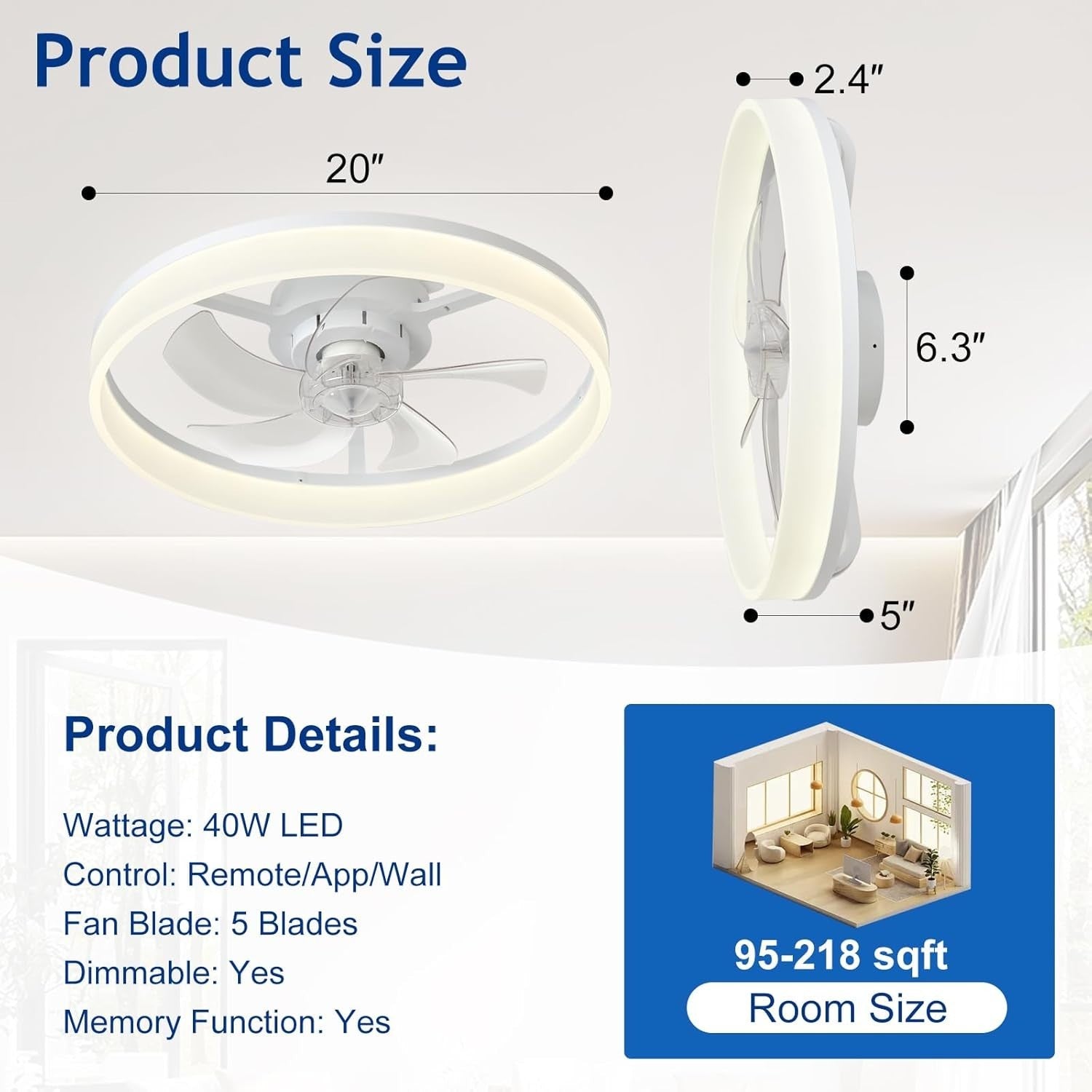 20" LED Ceiling Fan with Light, Remote & App Control, Dimmable, White Bladeless