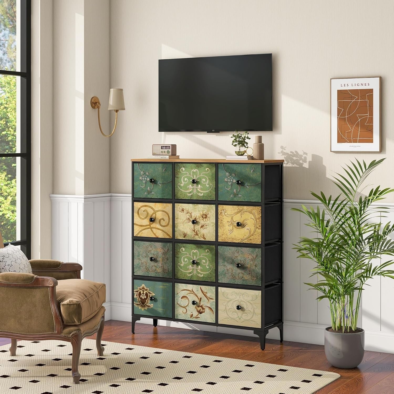 12 Drawer Vintage Storage Chest Unit Fabric Dresser for Bedroom Living Room