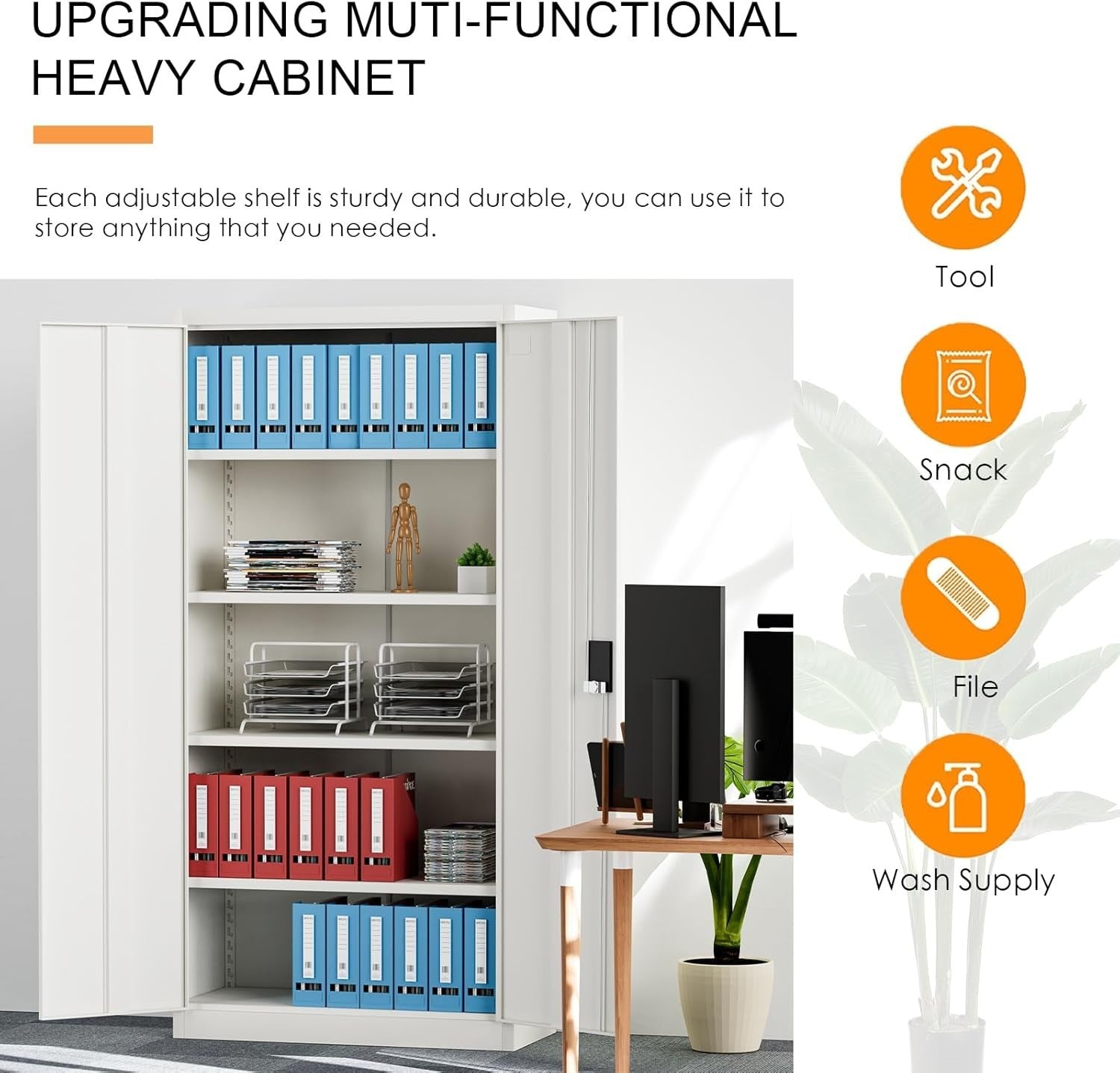 Lockable Metal Storage Cupboard 5 Shelves Adjustable Heavy Duty Office